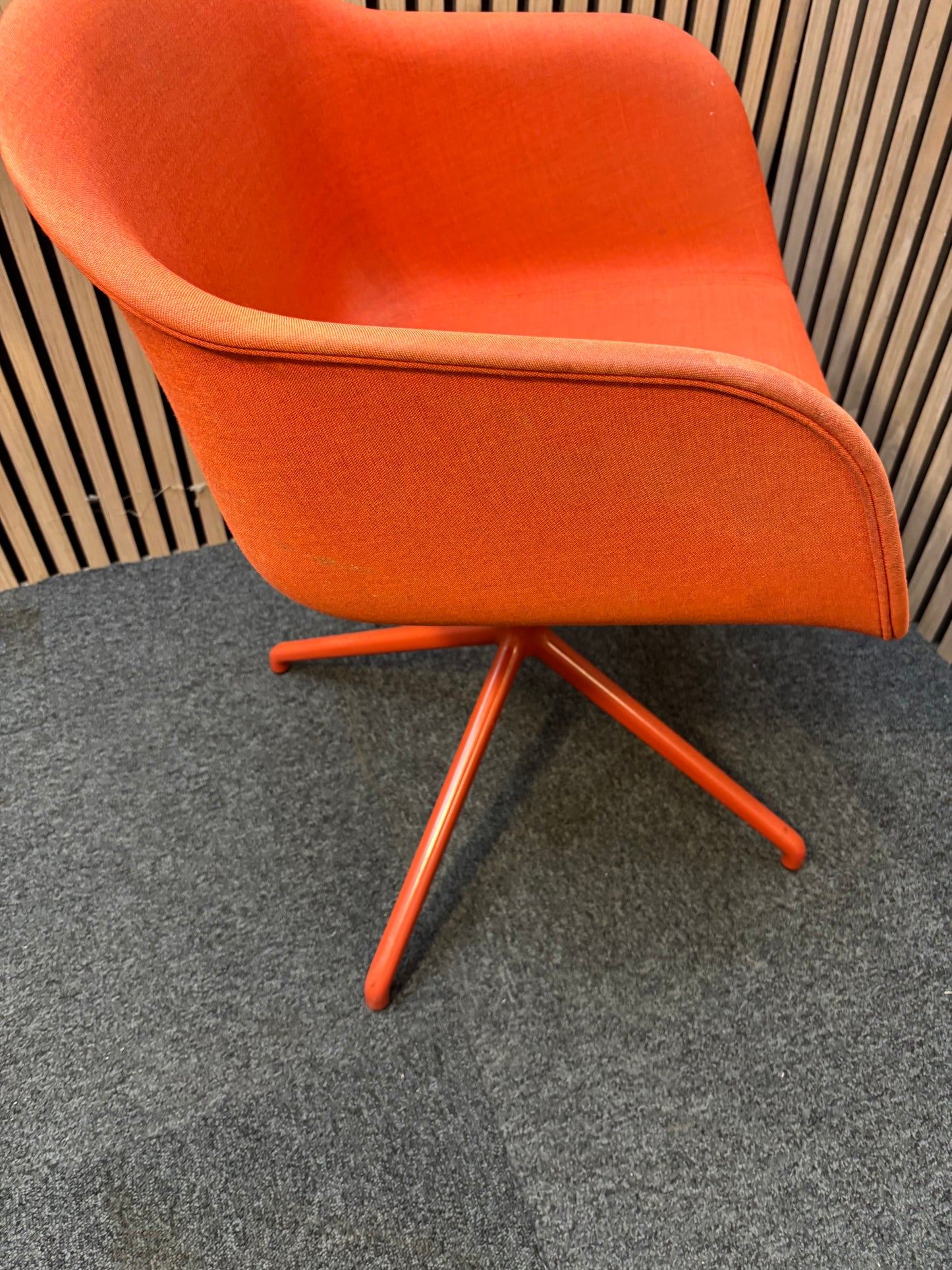 Muuto fibre armchair with a swivel base in manner 2 fabric with red painted metal spider base   J3911