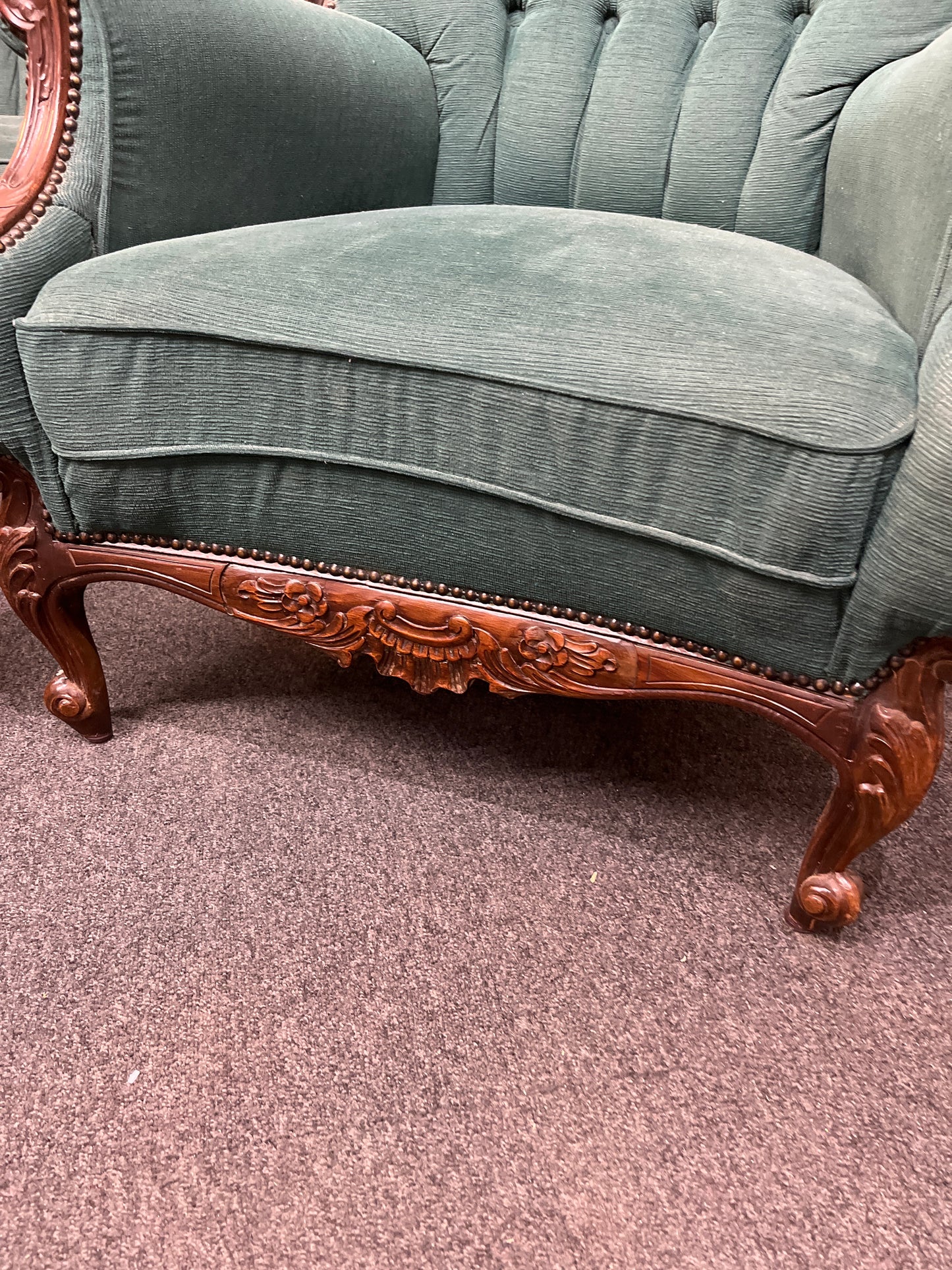 3+1+1 ornate mahogany framed wing back suite in dark green button back fabric E425 3126