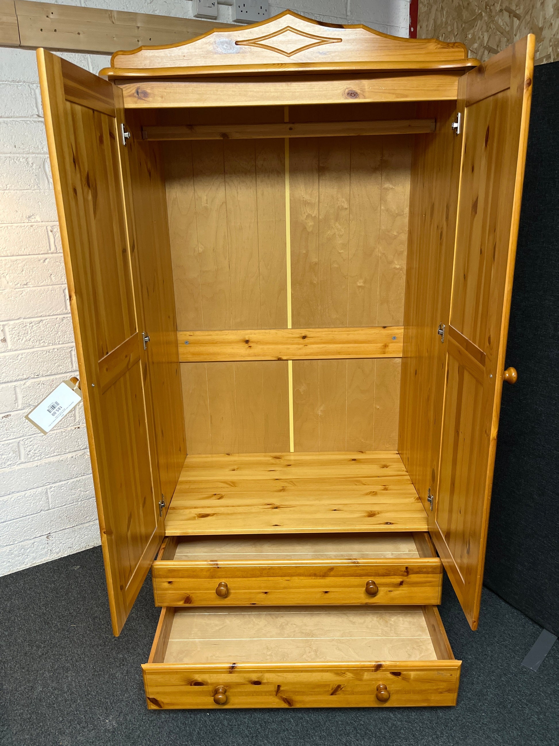 Solid Pine 2 door wardrobe with 2 base drawers (H 193 x W 94 x D 62 cm) 2225