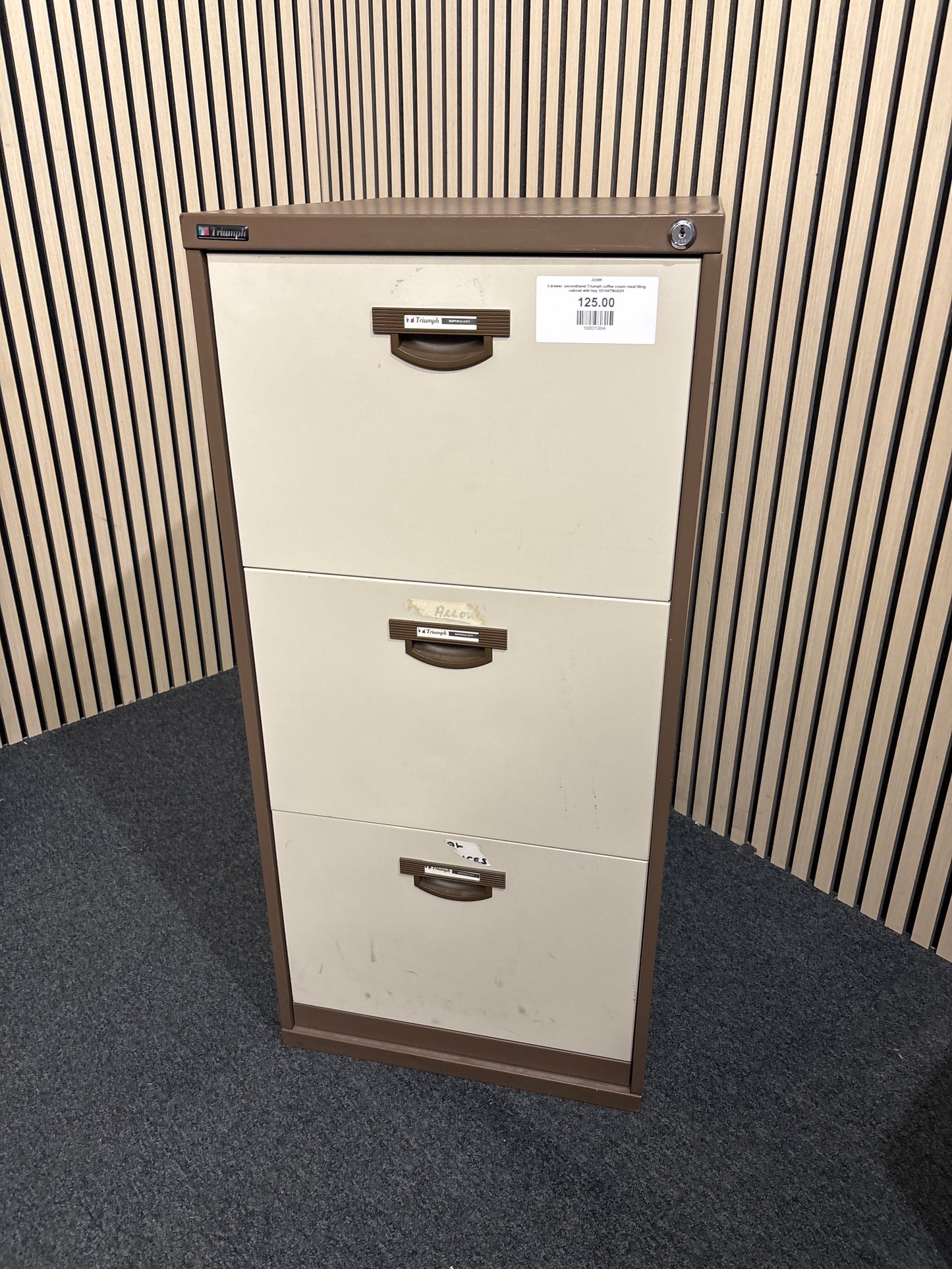 3 drawer  secondhand Triumph coffee cream meal filing cabinet with key 101H47Wx62H