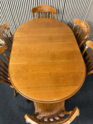 Stained pine ornate extendable circular dining table with 6 dining chairs (110 cm diameter + 55 cm extension)  44315
