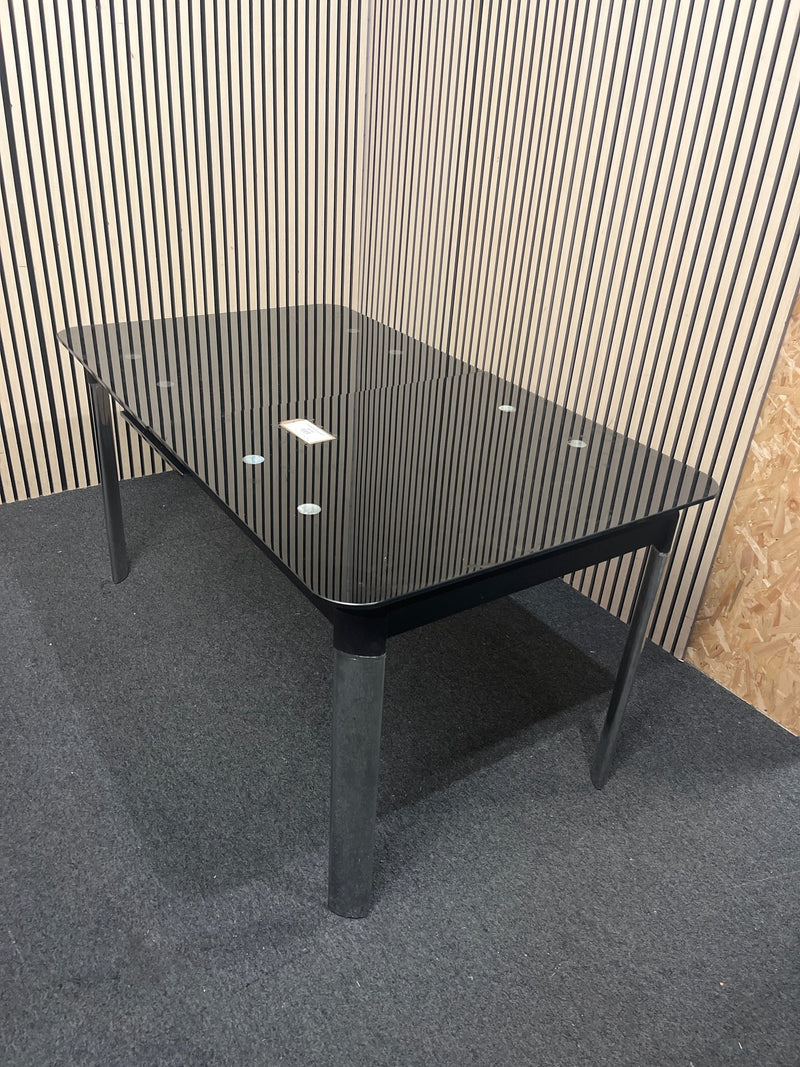 Rectangular extendable black glass dining table with chrome legs (L 145 - 180 x W 85 cm)  44366