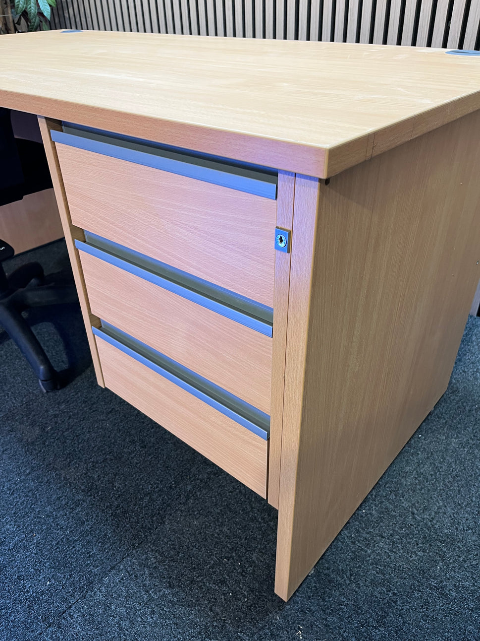 Liquidated Beech panel leg desk with fixed pedestal (white laminate modesty panel)