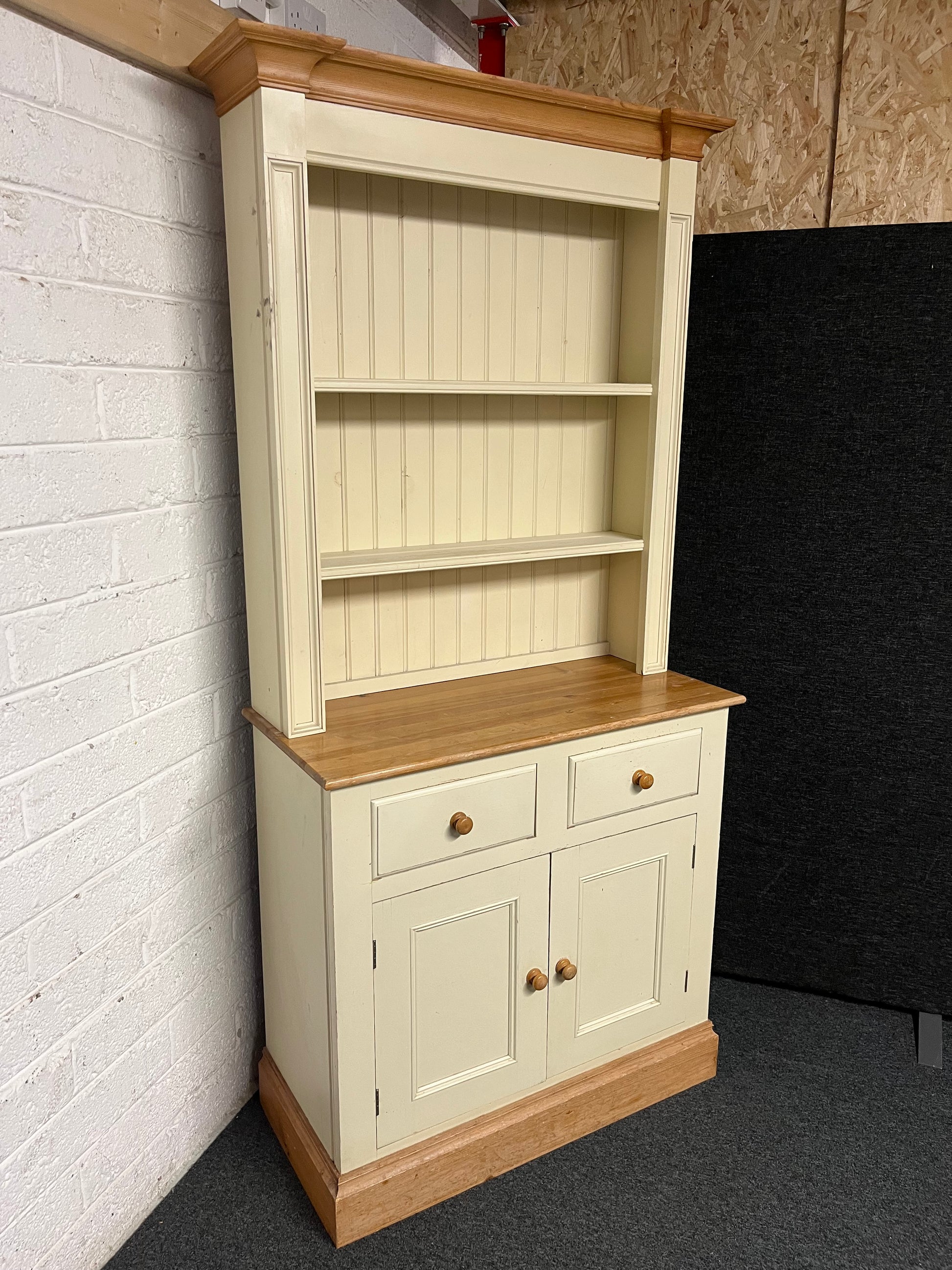 Tall cream painted and solid pine 2 door 2 drawer dresser with top open shelving  (H 200 x W 98 x 43 cm) 2225