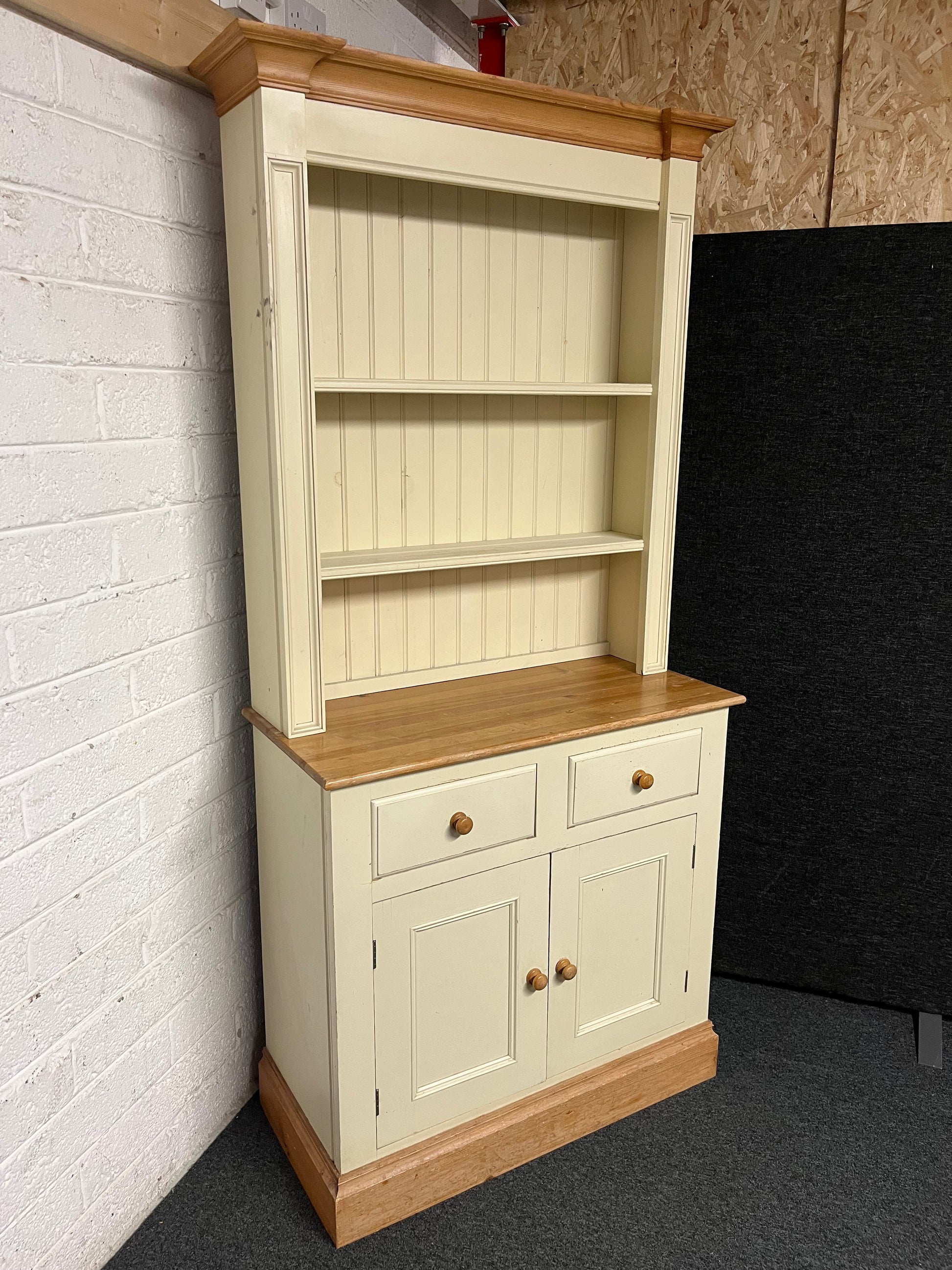 Tall cream painted and solid pine 2 door 2 drawer dresser with top open shelving  (H 200 x W 98 x 43 cm) 2225