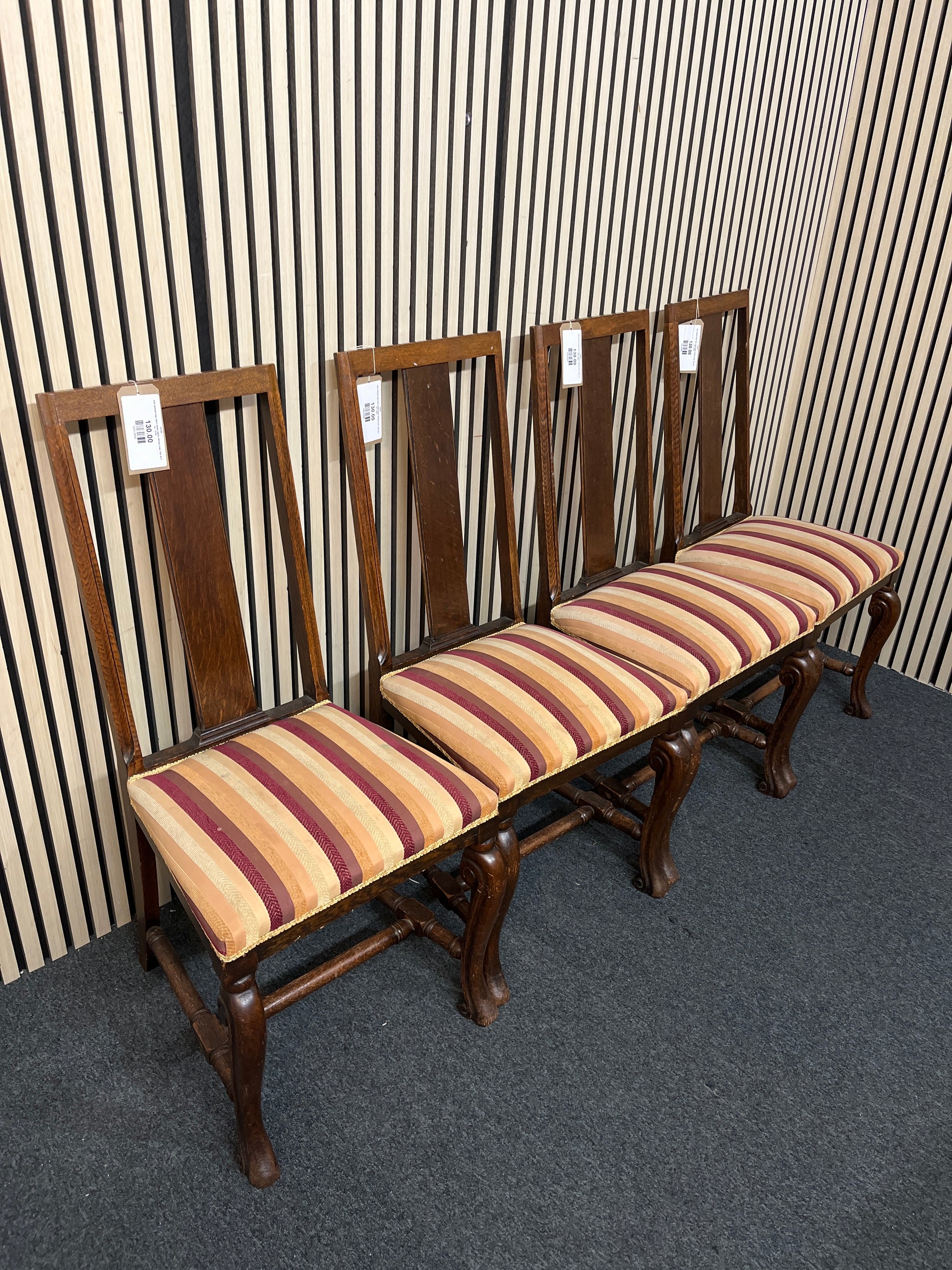 Oak stained high back stripe fabric dining chair. Set of 4 no.  3126