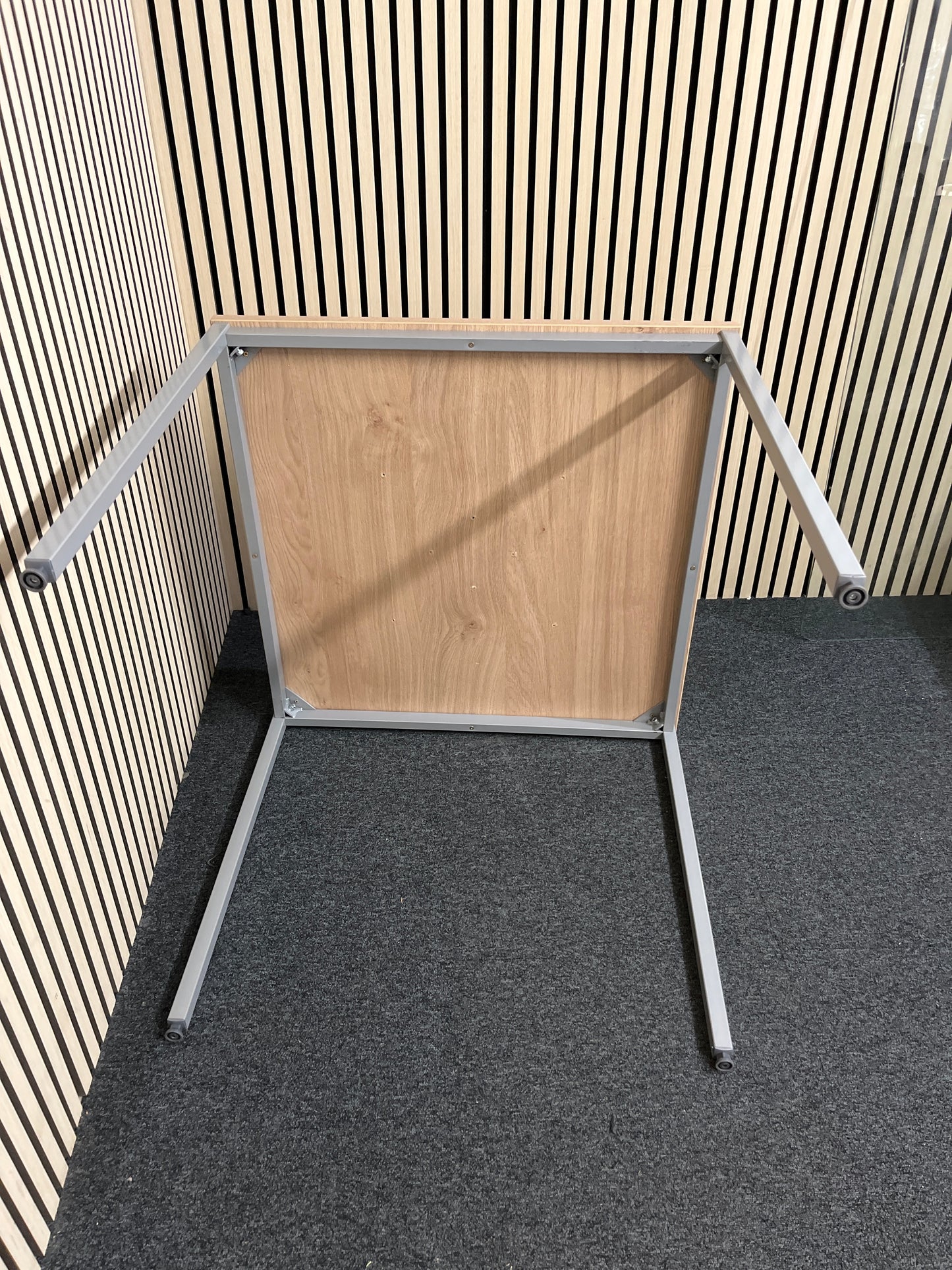 NEW light oak 25mm top 800x800 canteen table with silver metal framed legs. Price inc VAT