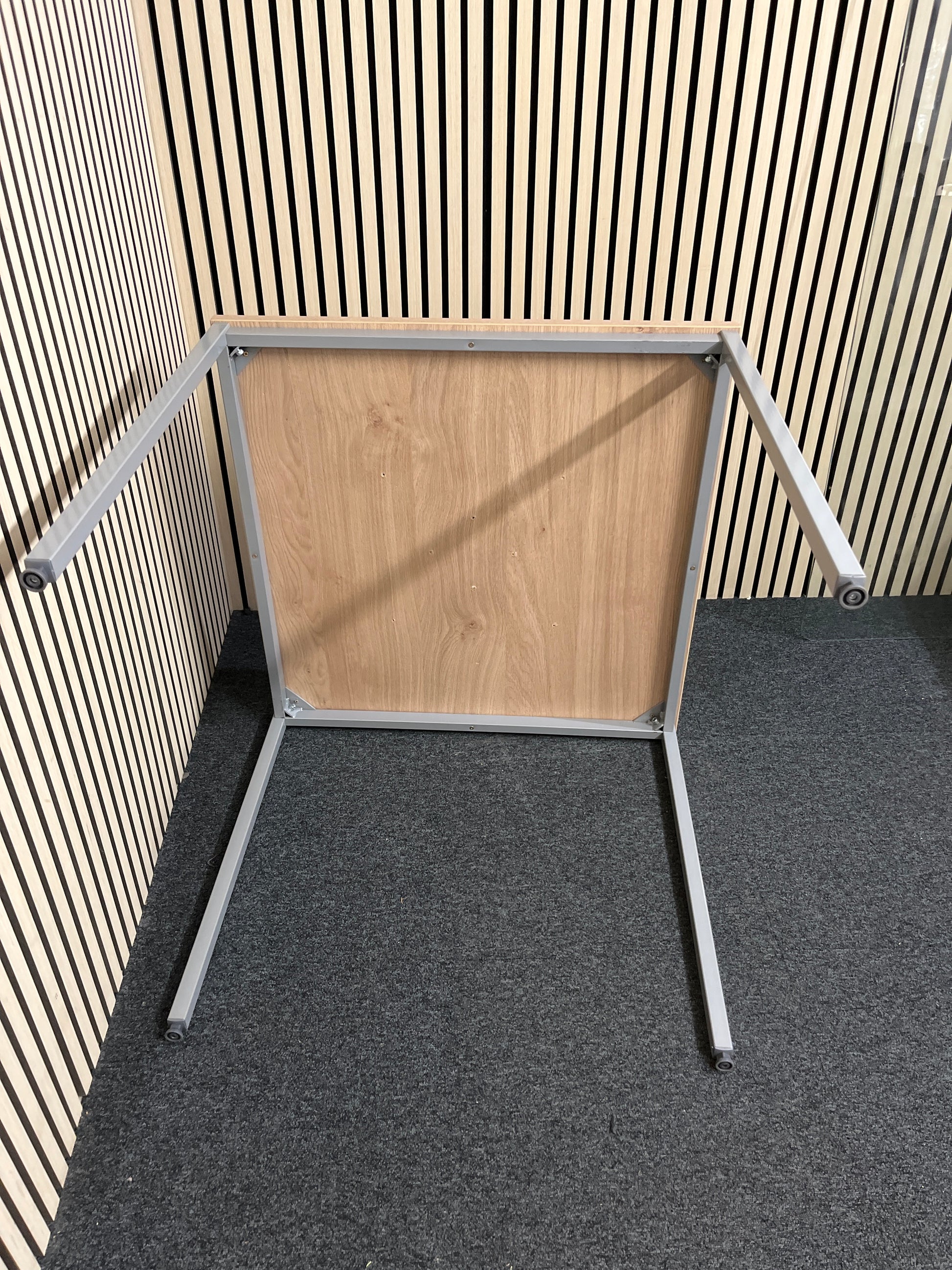 NEW light oak 25mm top 800x800 canteen table with silver metal framed legs. Price inc VAT
