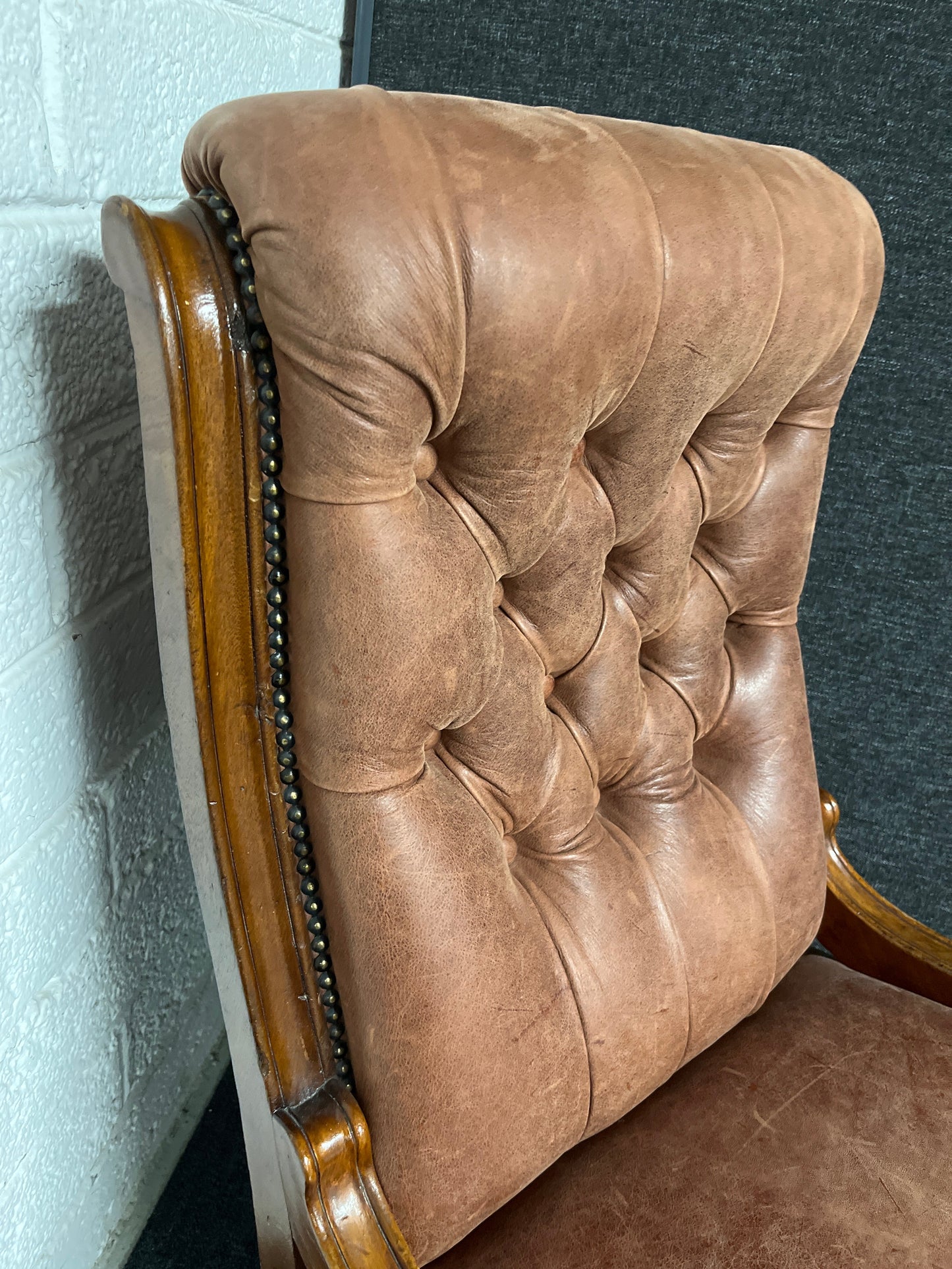 Ornate button back brown leather antique frame occasional chair  1225