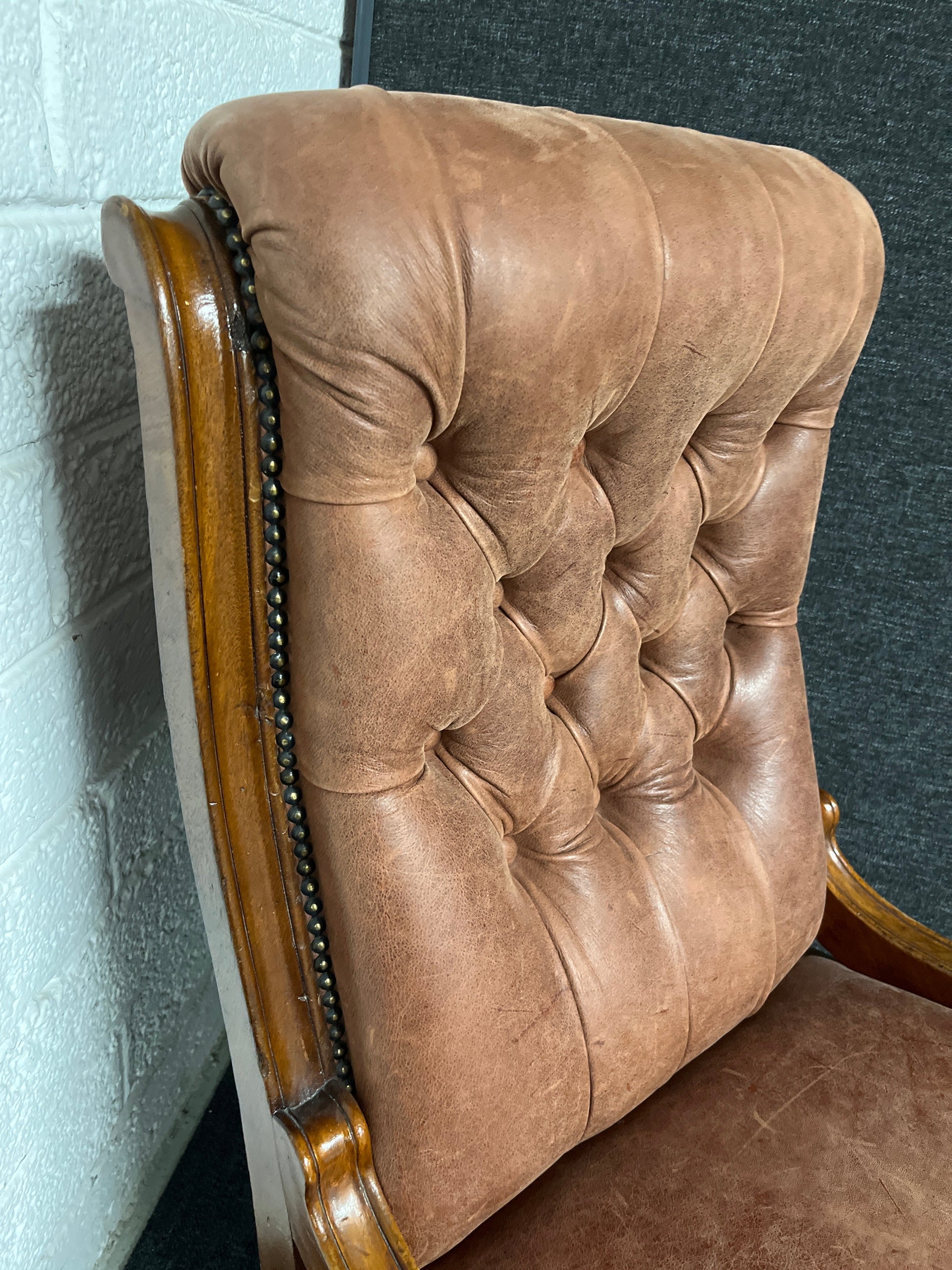 Ornate button back brown leather antique frame occasional chair  1225