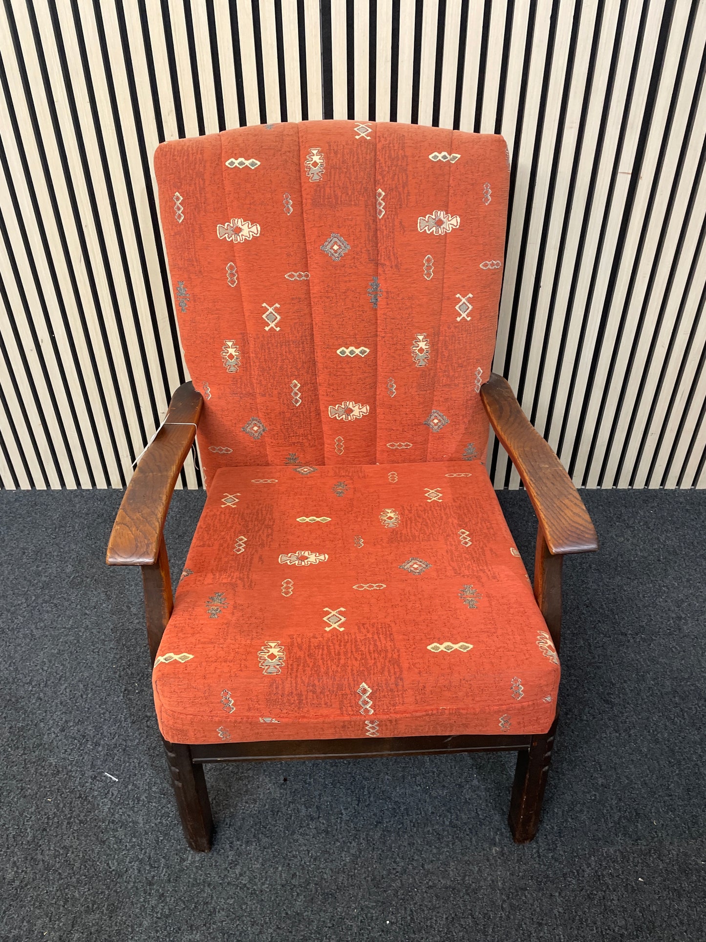 Solid wood, dark stained, high back terracotta fabric fireside armchair 1126