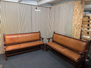 Switch 6ft solid beech stained tall bench seating with tan leather seat and back.97Hx183Lx54D 1425 2 image