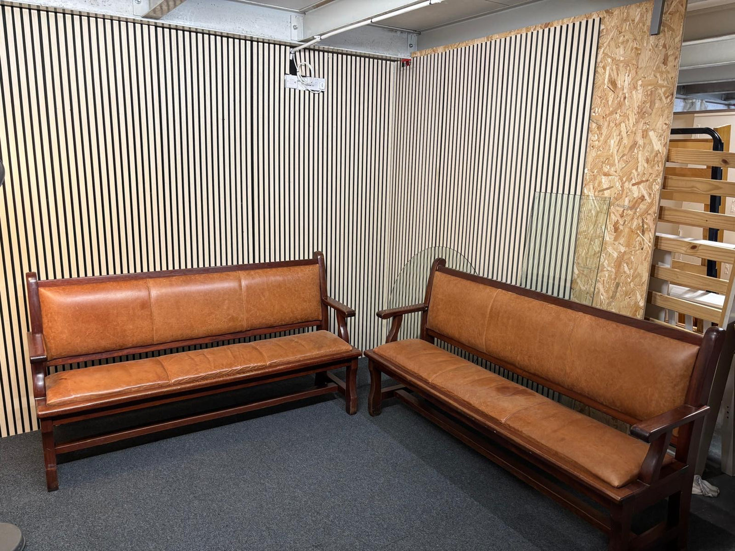 6ft solid beech stained tall bench seating with tan leather seat and back.97Hx183Lx54D 1425