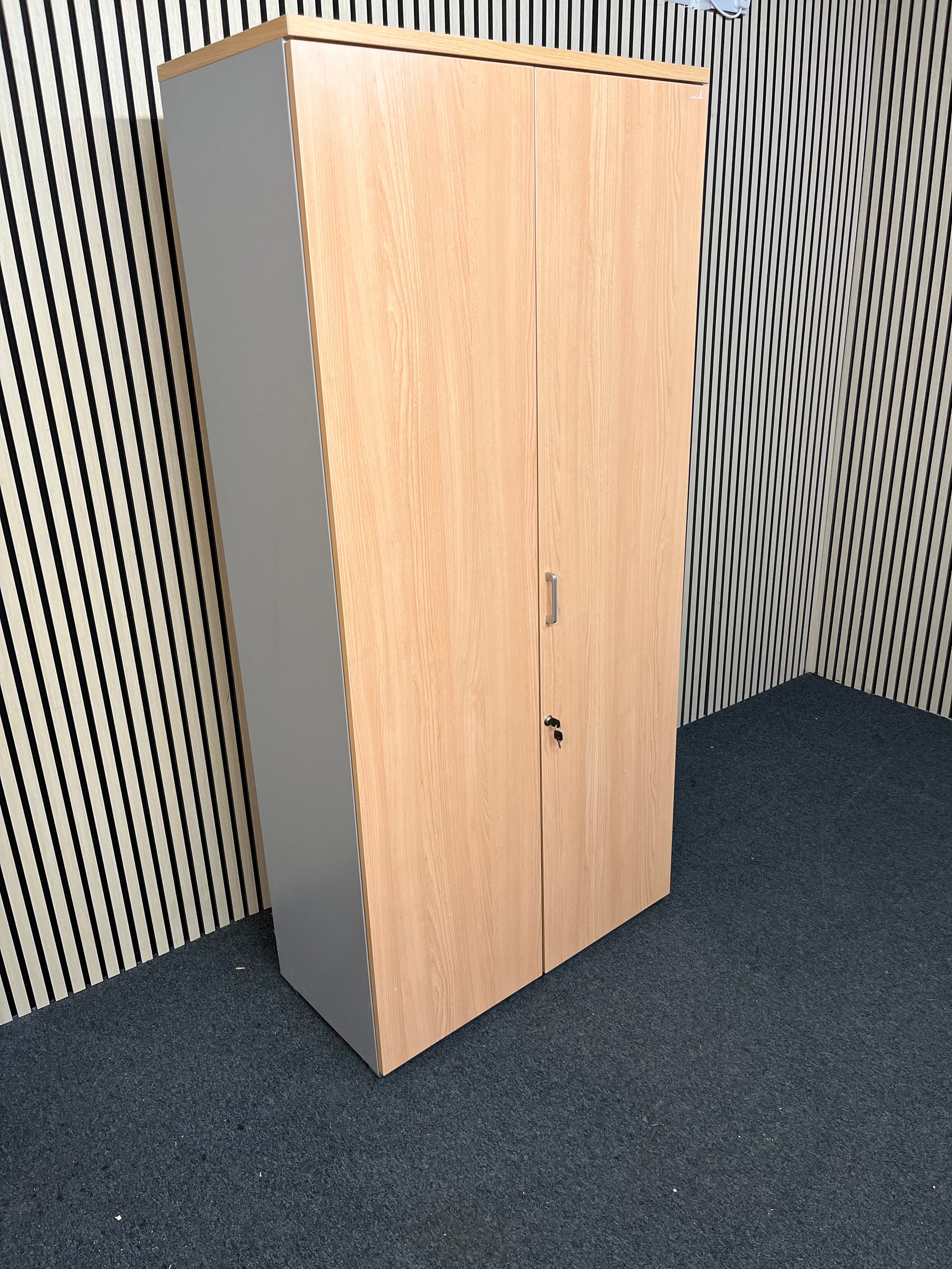 Actiu Tall beech laminate 2 door storage unit, grey carcass with shelves 186Hx42Dx89W