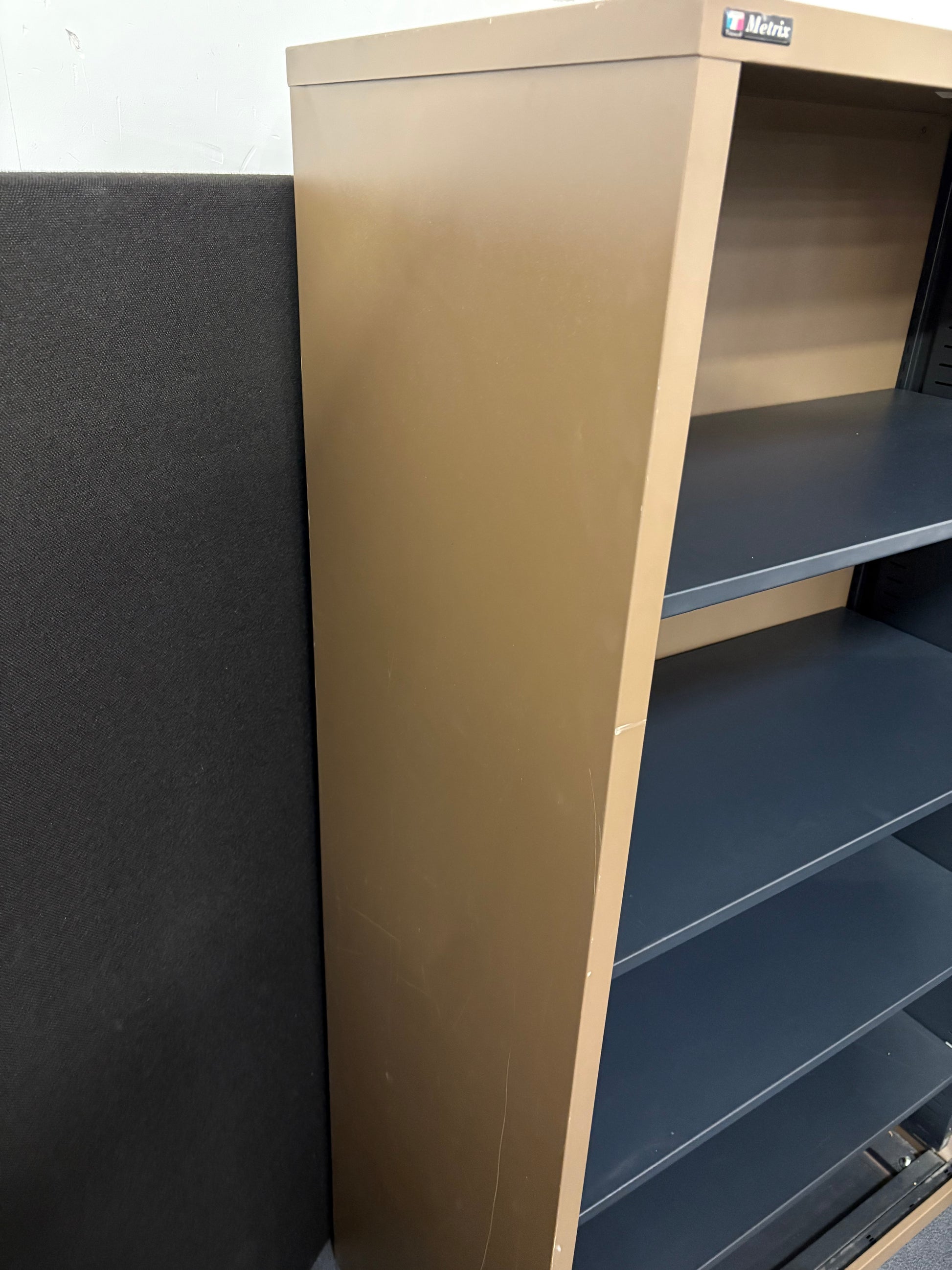 Secondhand Triumph Metrix tall metal storage unit, dark brown colour with shelves 1000Wx470Dx14620H