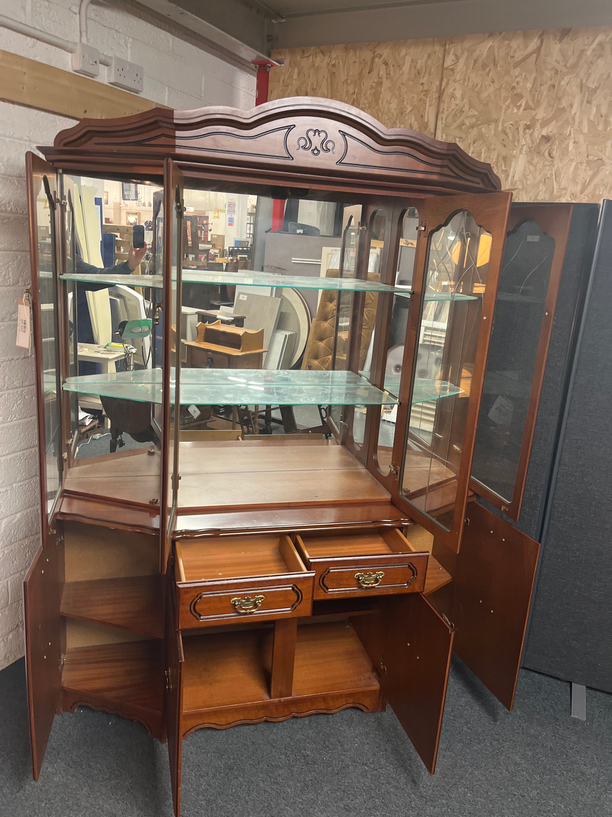 Tall rossmore mahogany curved 4 glass door display unit with base doors 2225