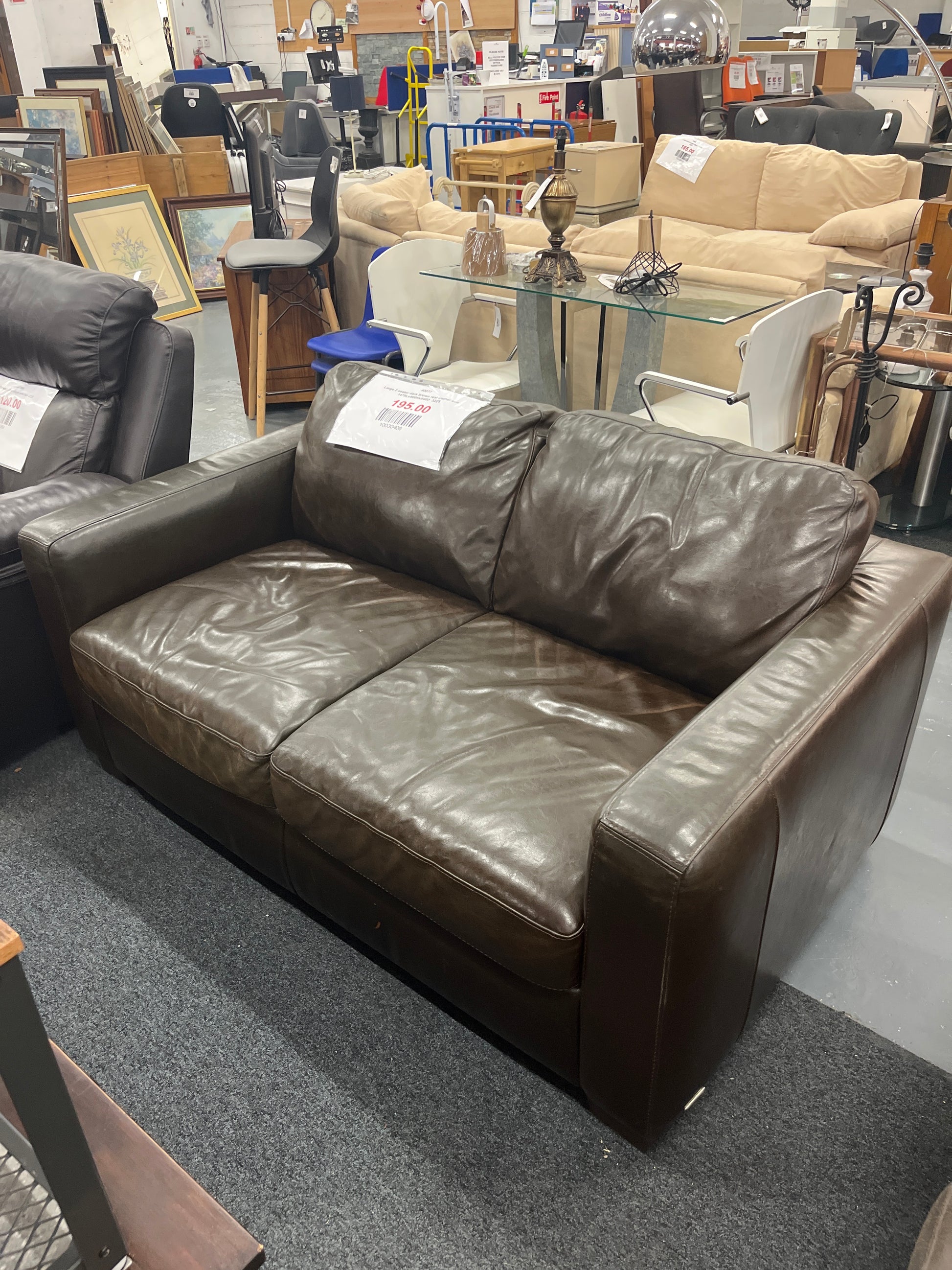 Large 2 seater dark brown real leather sofa 1470Lx800Hx940D  3225