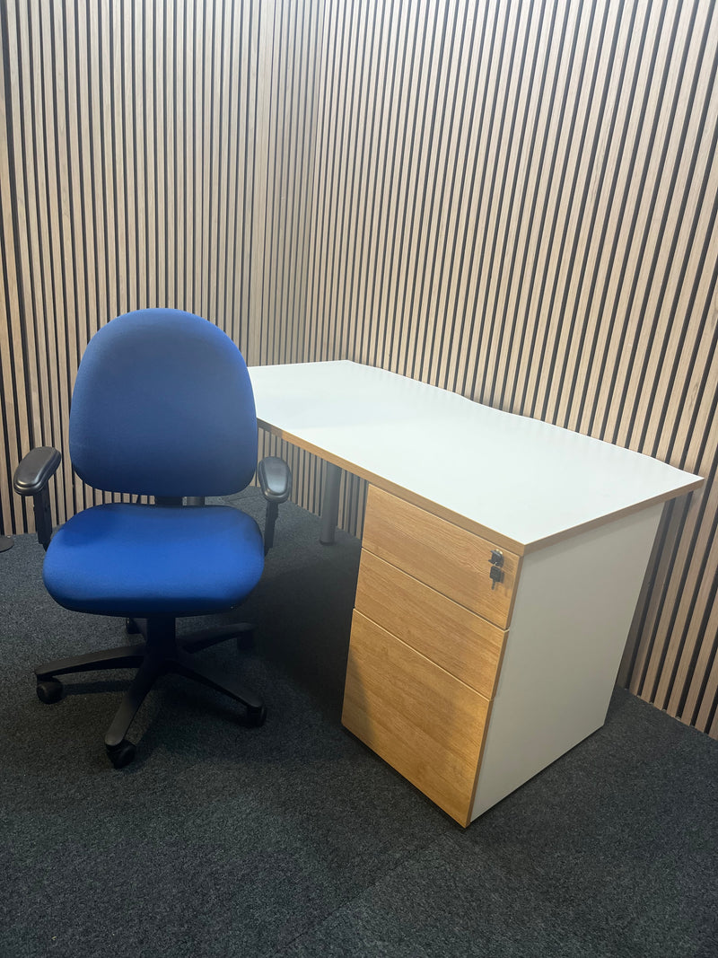 (GRADE A) White and Oak 1400 x 800 desk with push press pedestal + (Grade A) Blue fabric swivel chair bundle