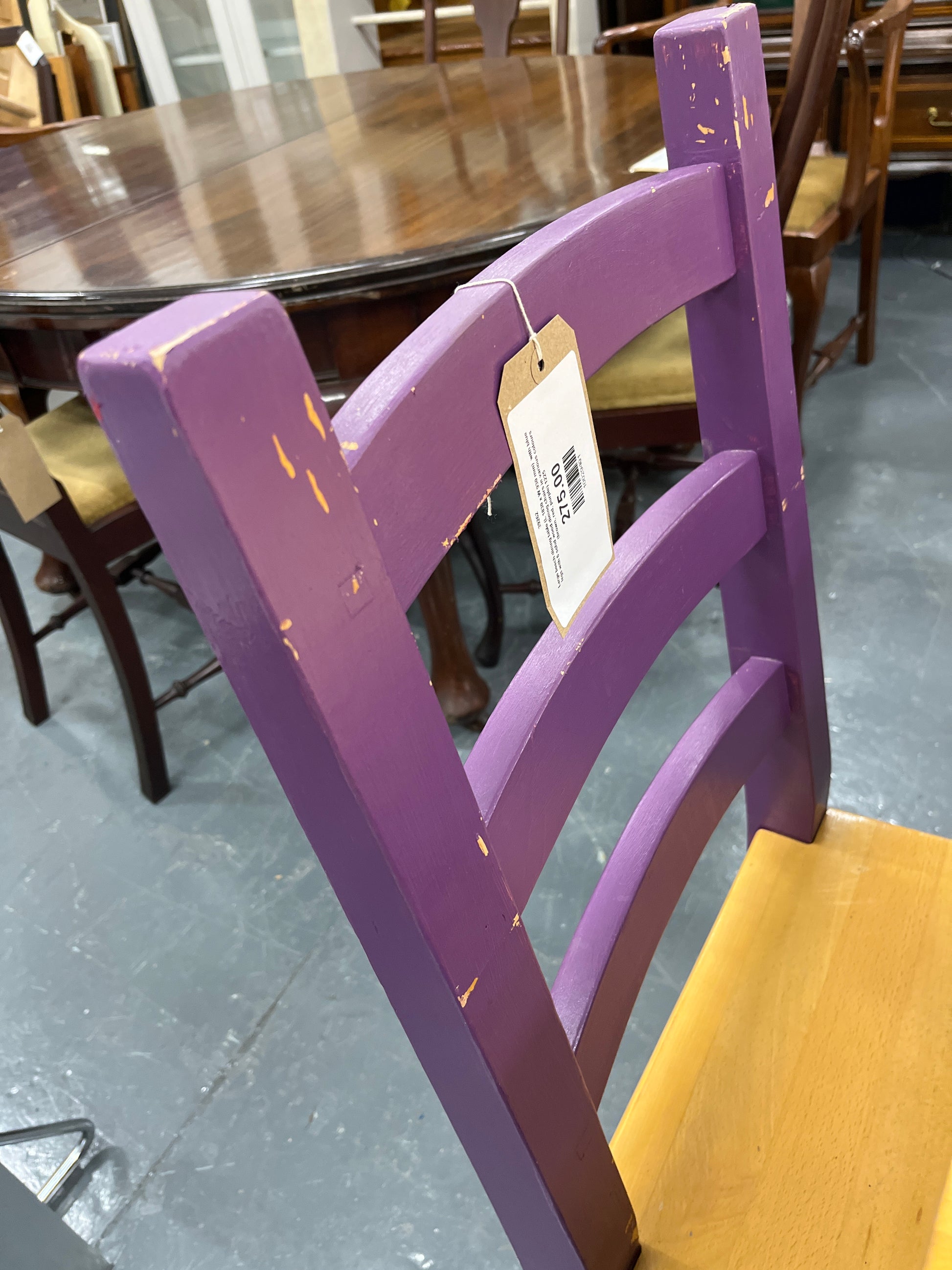 Large beech dining table (L 1830 x W 930 mm)  with blue legs with 6 solid wood dining chairs in various colours (brown, red, purple) 1225