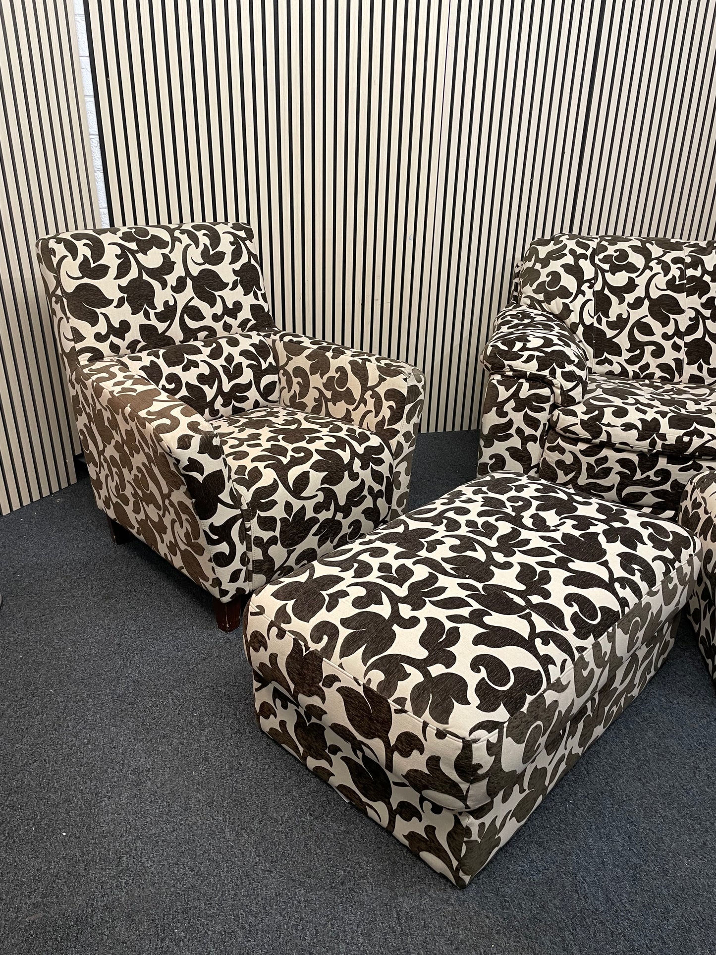 2 seater brown and cream floral fabric sofa (Width 160 cm) with matching armchair and ottomons  4225