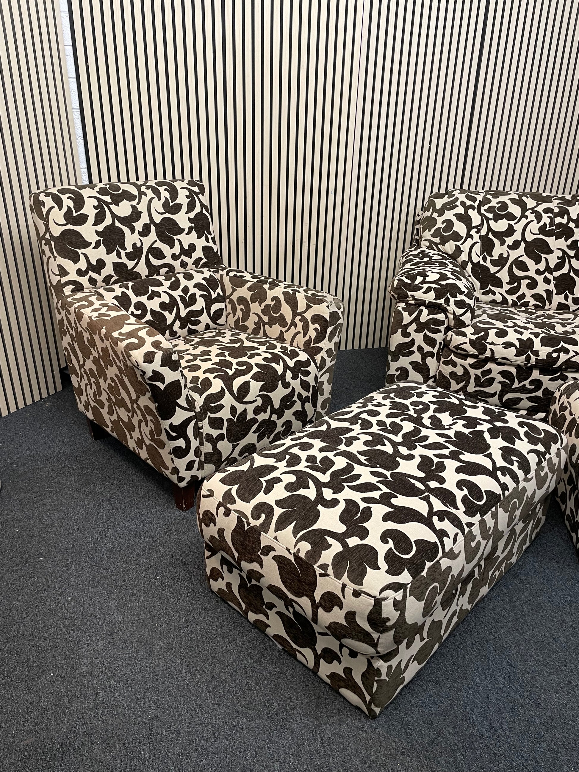 2 seater brown and cream floral fabric sofa (Width 160 cm) with matching armchair and ottomons  4225