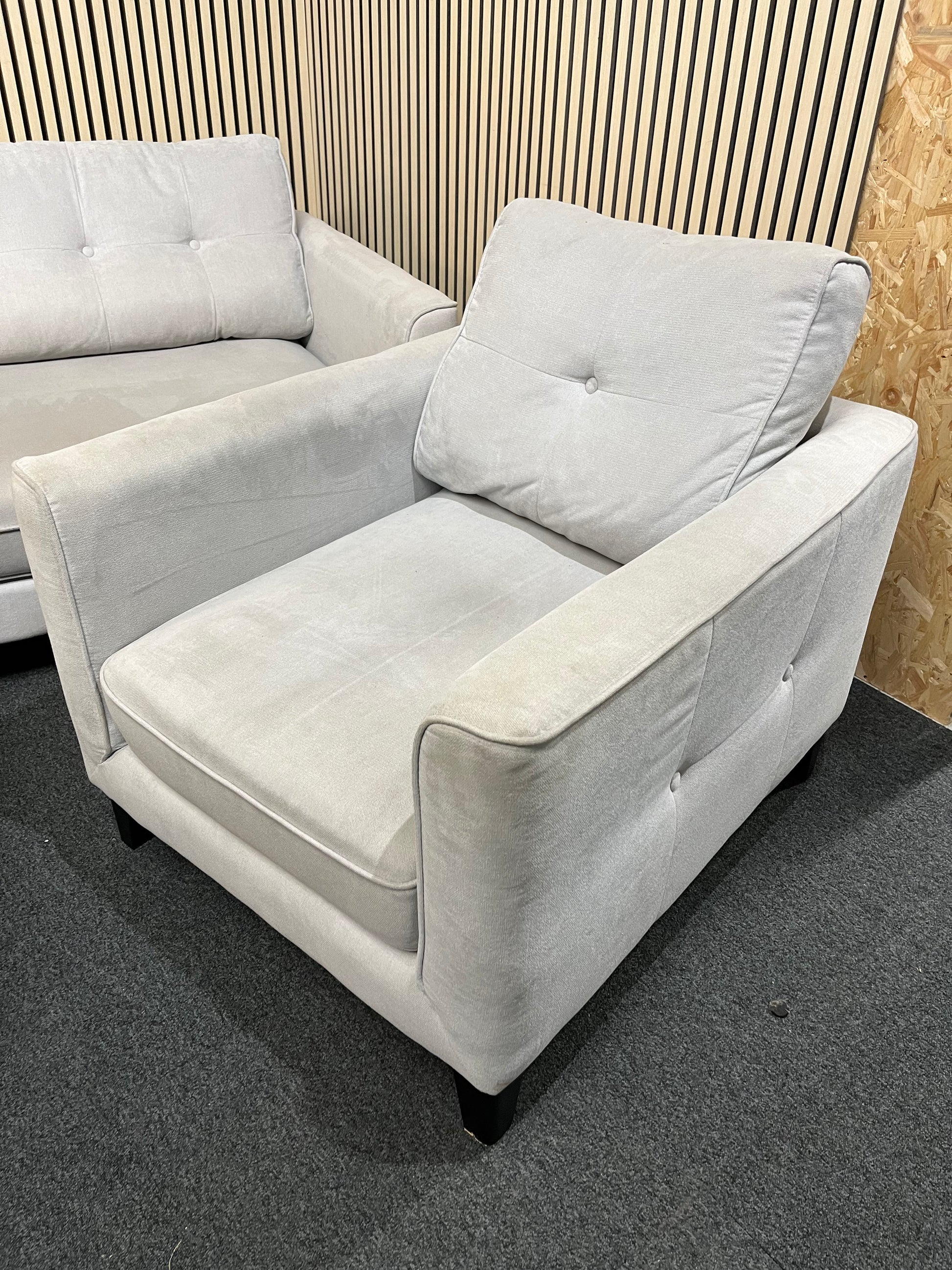 3 seater grey fabric sofa with return and matching armchair 3325