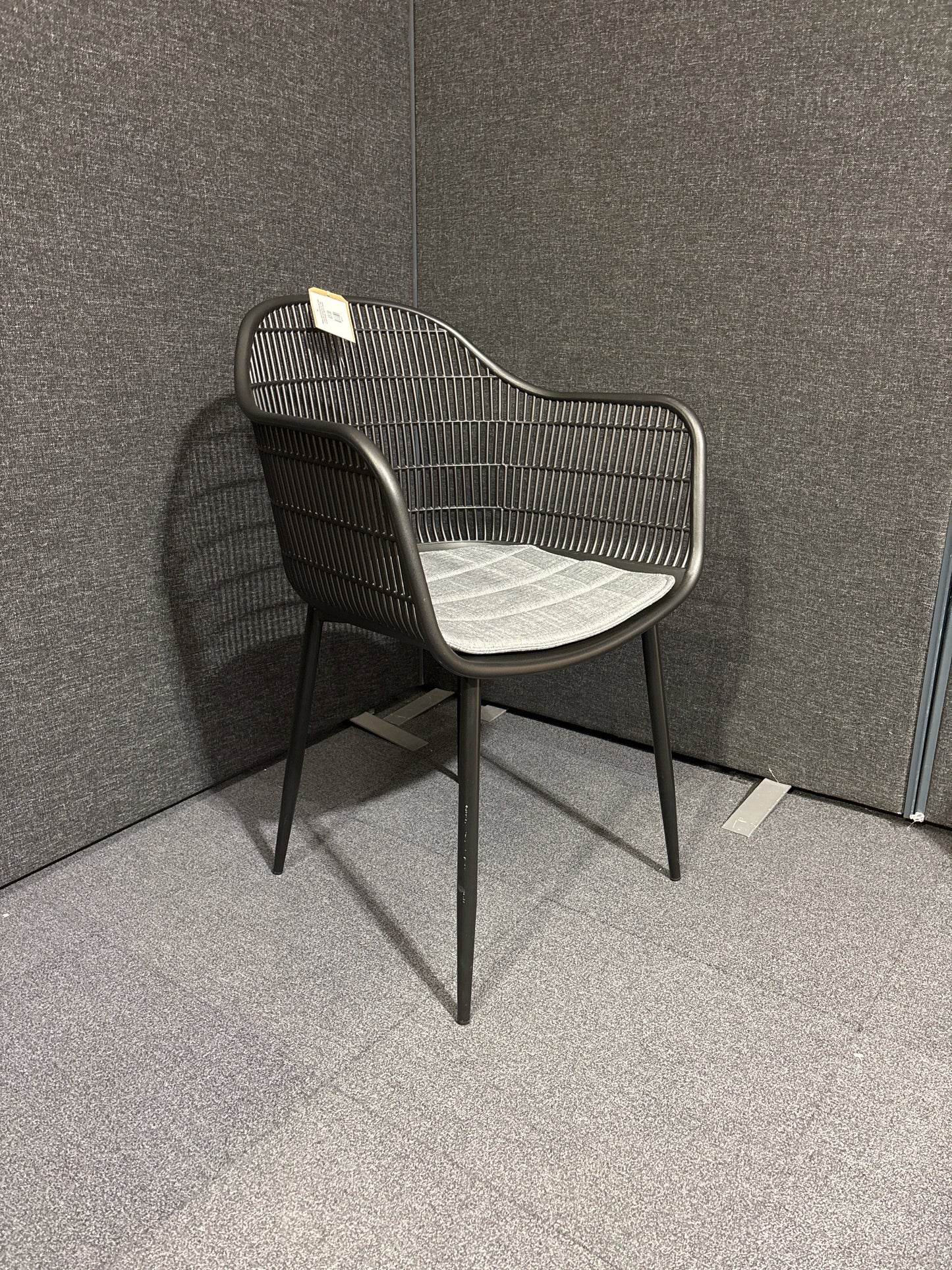 NEW Metro INDOOR OR OUTDOOR dining chair, BLACK moulded plastic with tailored fabric seat. OTHER COLOURS AVAILABLE. LARGE QTYS AVAILABLE