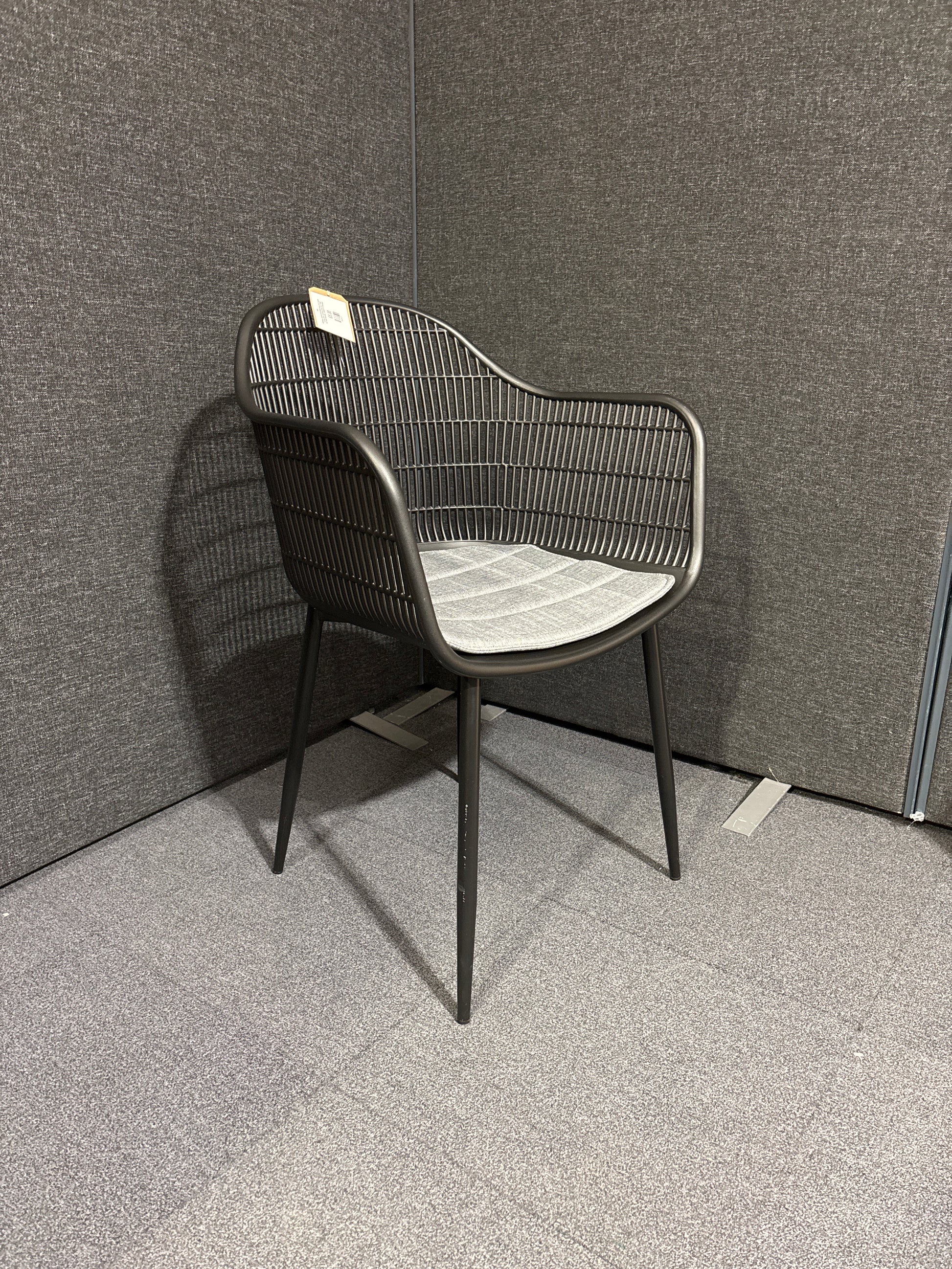 NEW Metro INDOOR OR OUTDOOR dining chair, BLACK moulded plastic with tailored fabric seat. OTHER COLOURS AVAILABLE. LARGE QTYS AVAILABLE