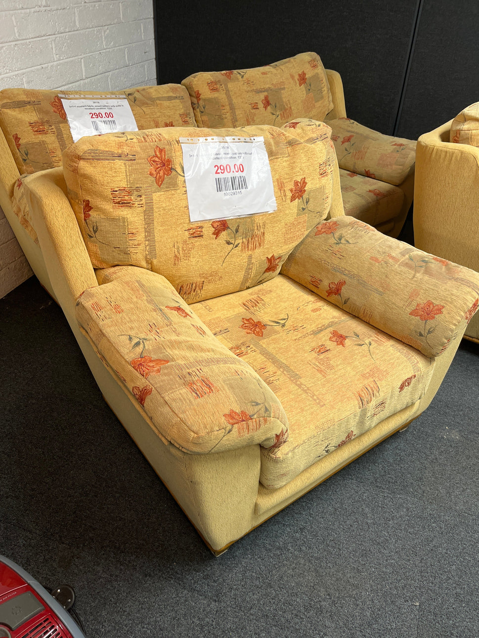 3+1+1 mustard fabric, mixed pattern sofa suite in excellent condition  1225