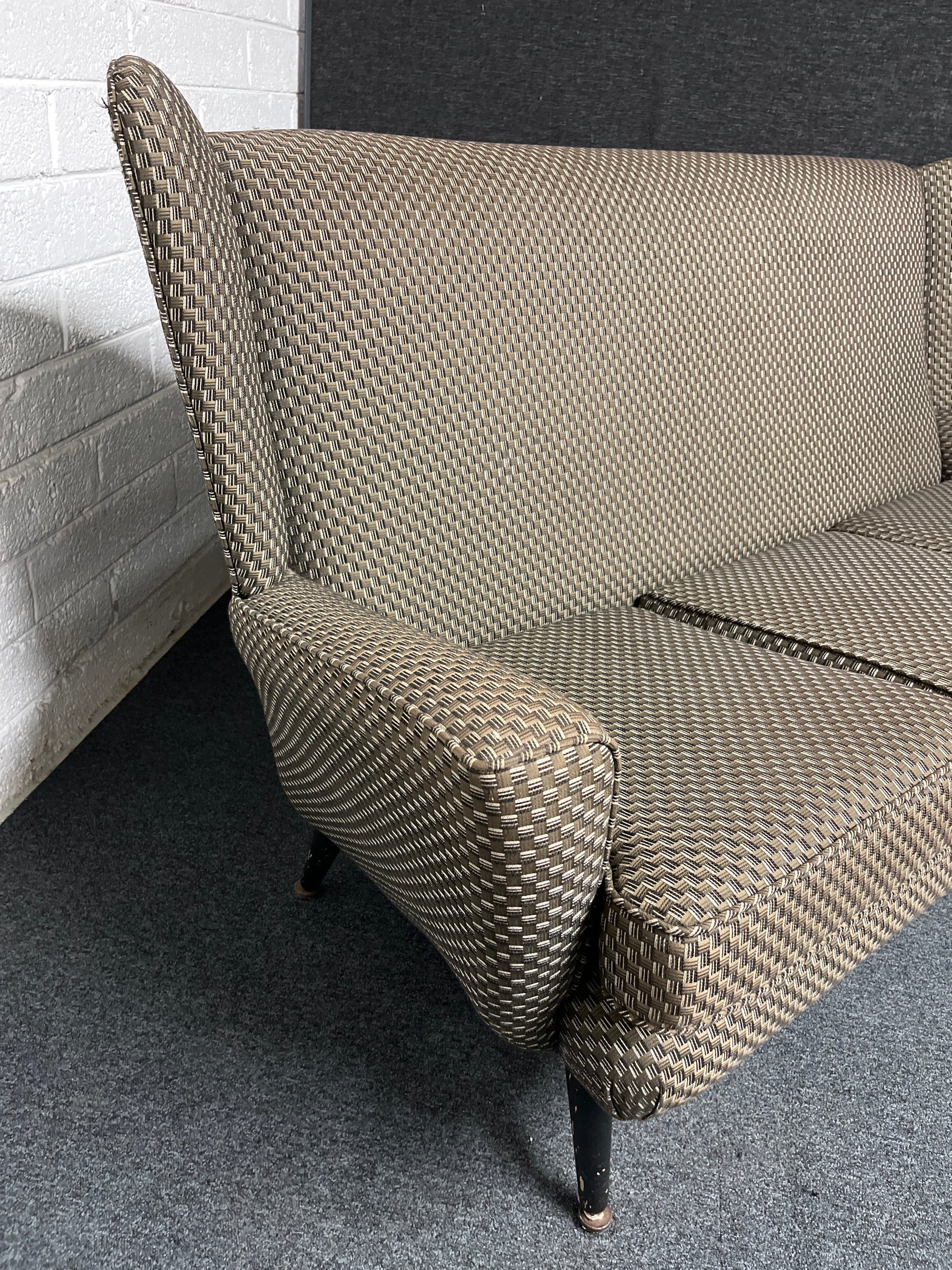 Mid century highback chequered green, dark grey and cream 3 seater sofa 1225