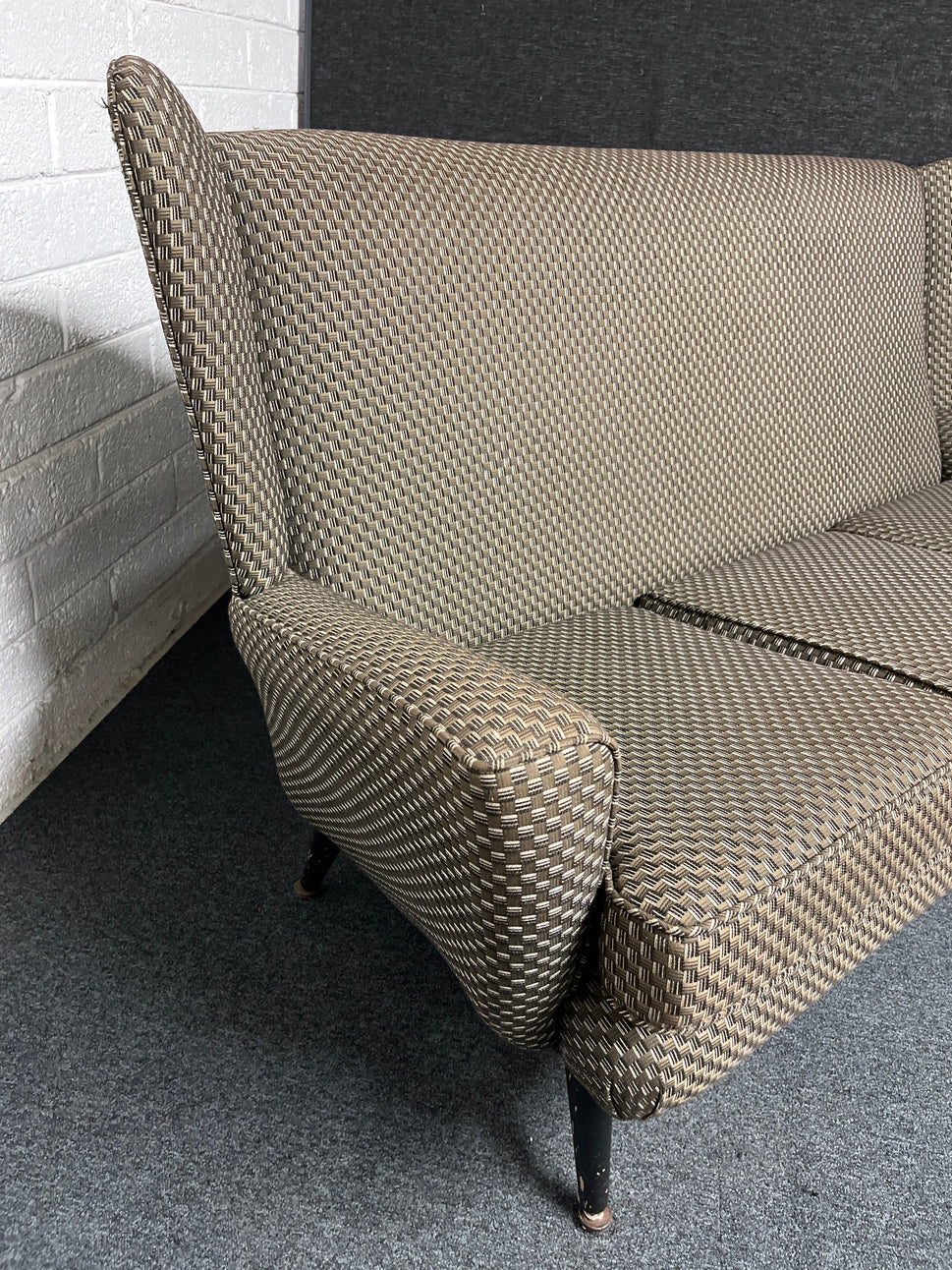 Mid century highback chequered green, dark grey and cream 3 seater sofa 1225
