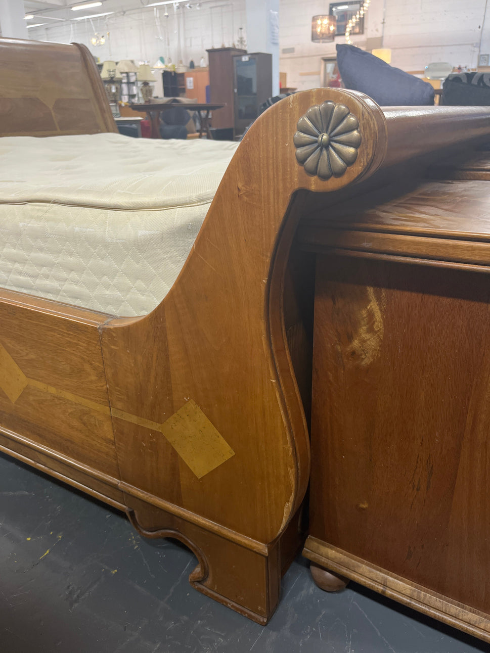 6ft high end mahogany sleigh bed frame with inalid detail. PART OF A SET BUT CAN BE SOLD SEPARATELY 2225