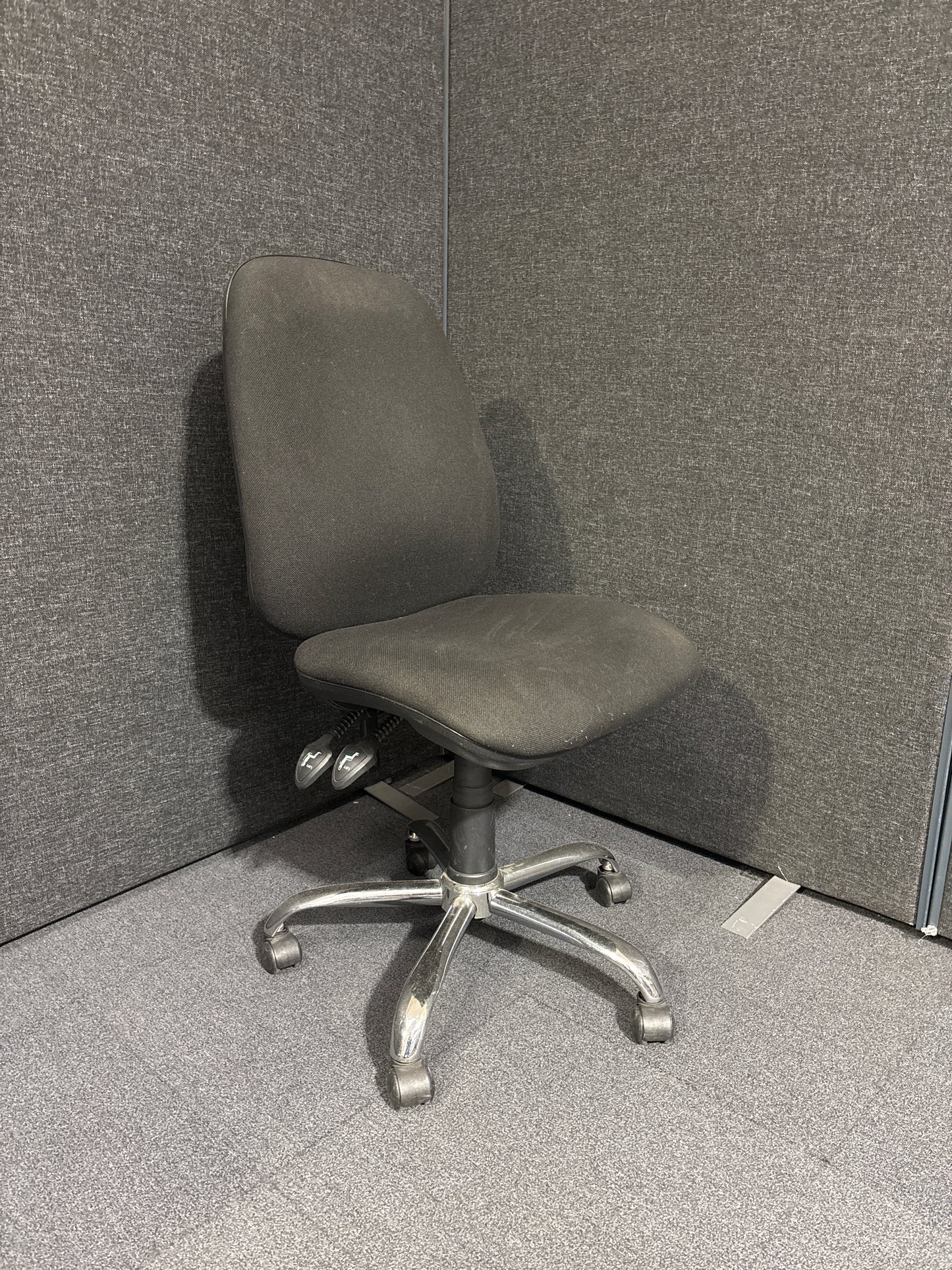 Second Hand Black fabric 2 lever swivel chair- no arms