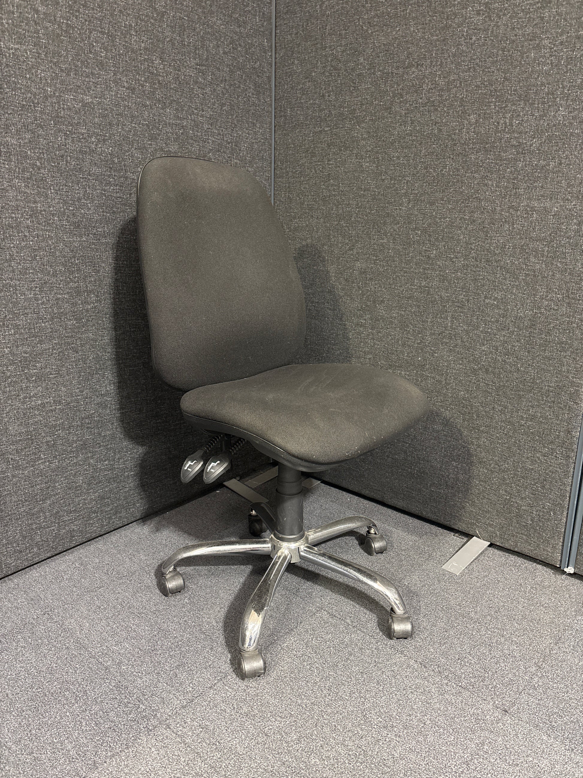 Second Hand Black fabric 2 lever swivel chair- no arms