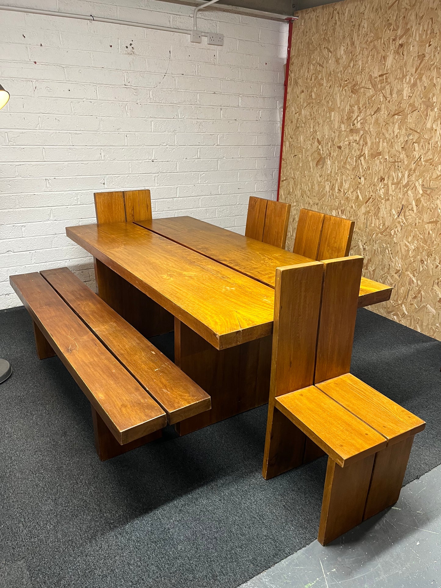 Solid wood large rectangular dining table (L 200 x W 101 cm) with 4 no. matching solid wood chairs and bench  1325