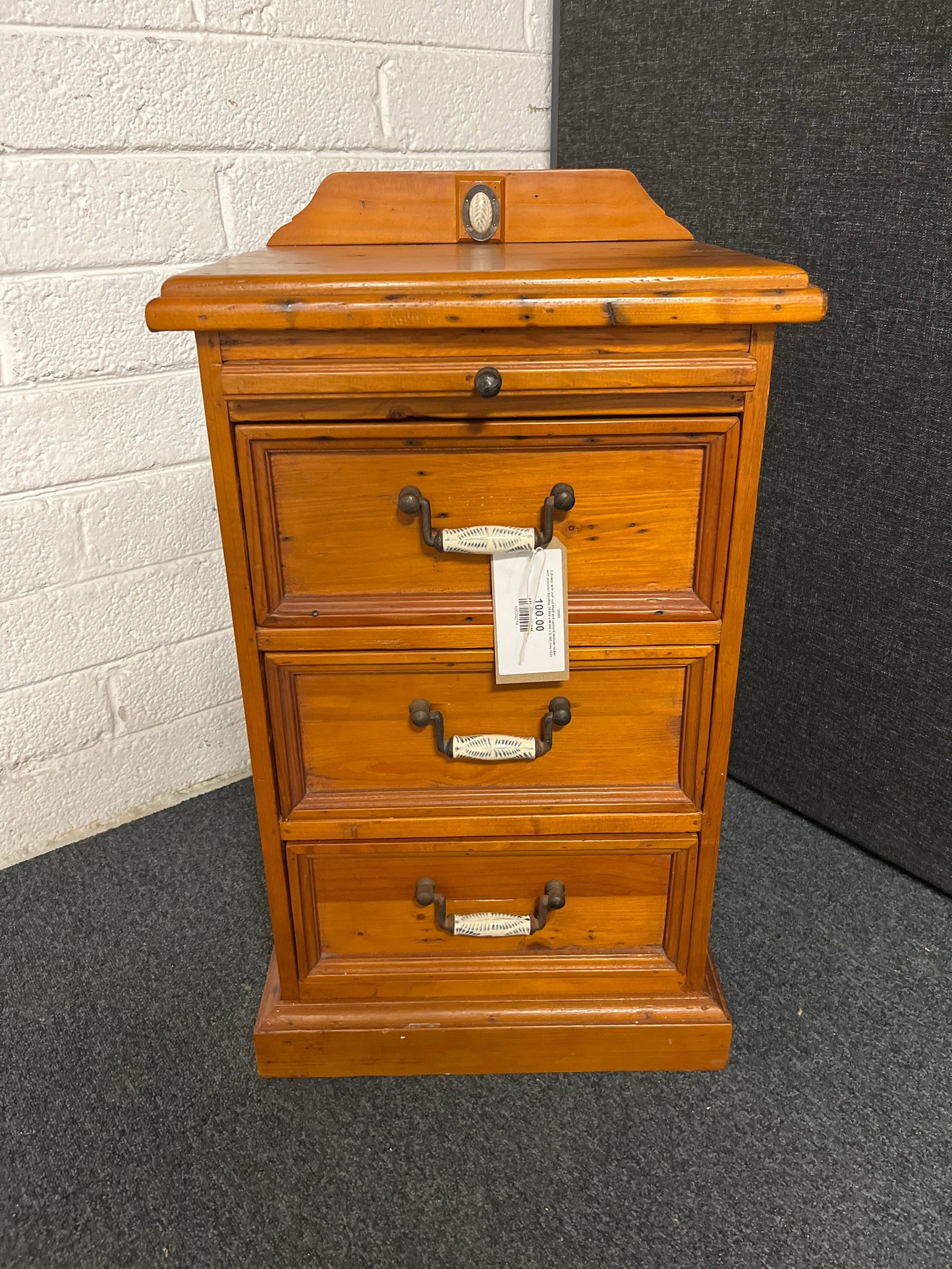 3 drawer with pull out shelf and upstand bedside locker with porcelain handles (H 800 x W 400 x D 460 mm) 1225