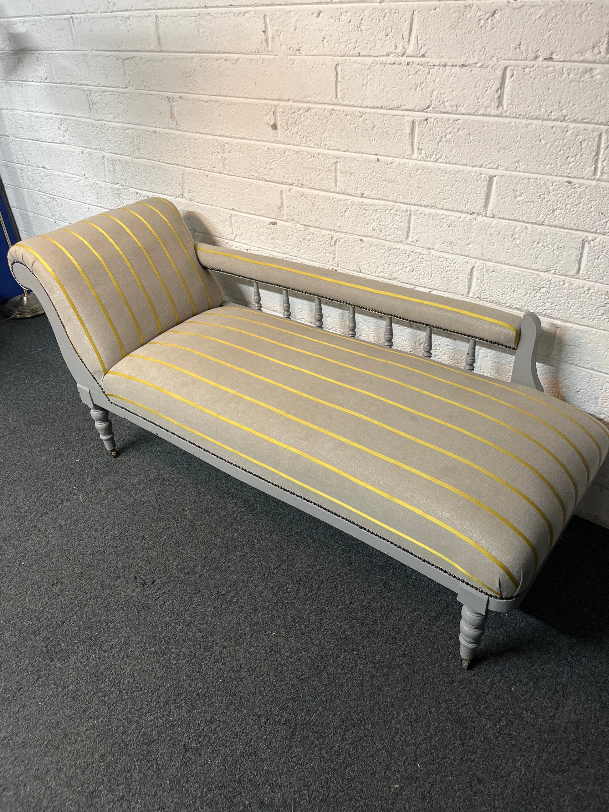 Grey and yellow striped fabric chaise lounge with grey painted wooden frame 3225