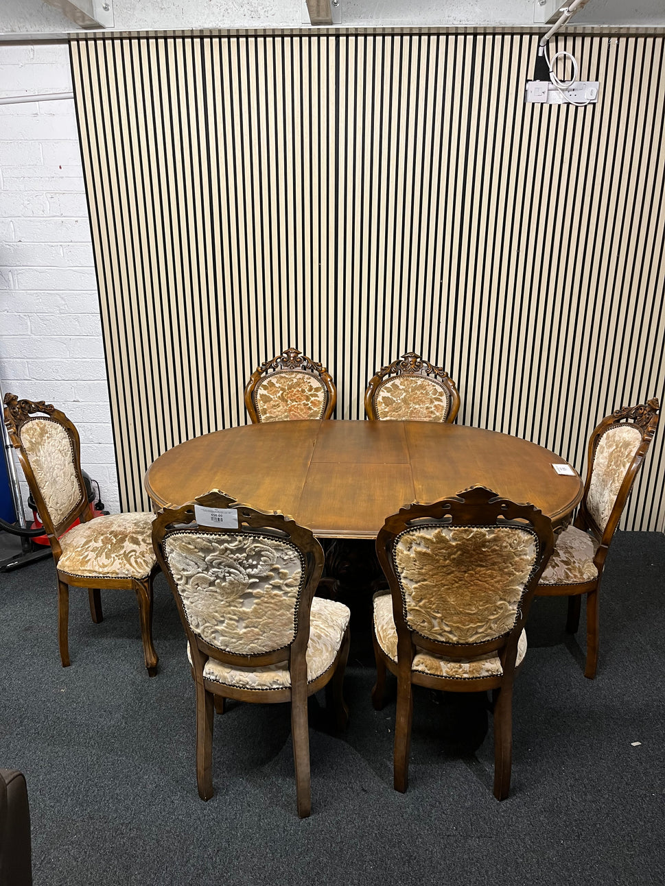 Ornate dark wood dining table with central column base 6 matching darkwood framed floral fabric seats  2325