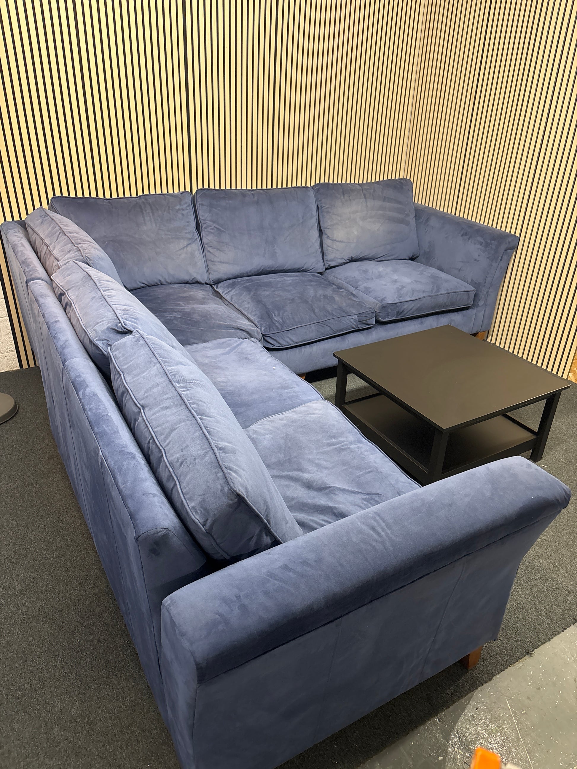 Large sectional dark blue velour fabric corner suite 3325
