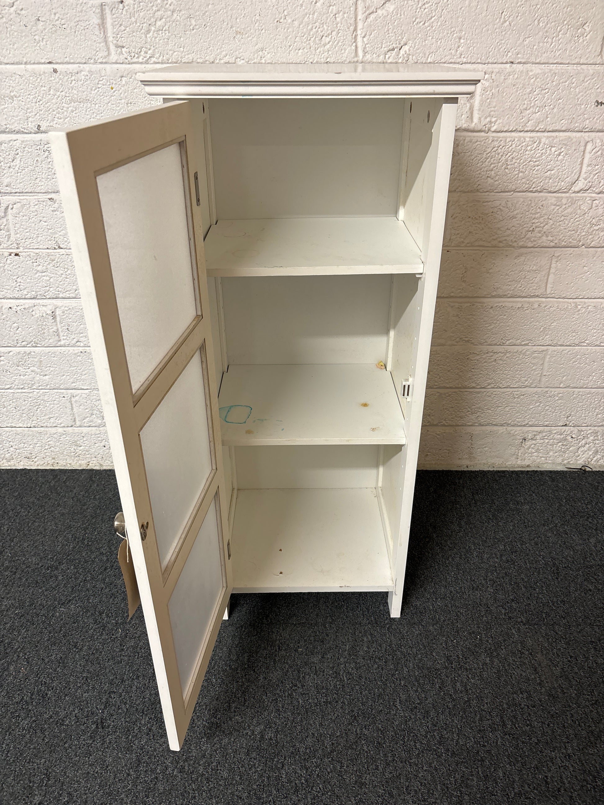 White wooden painted 1 glass door slim storage unit 1325