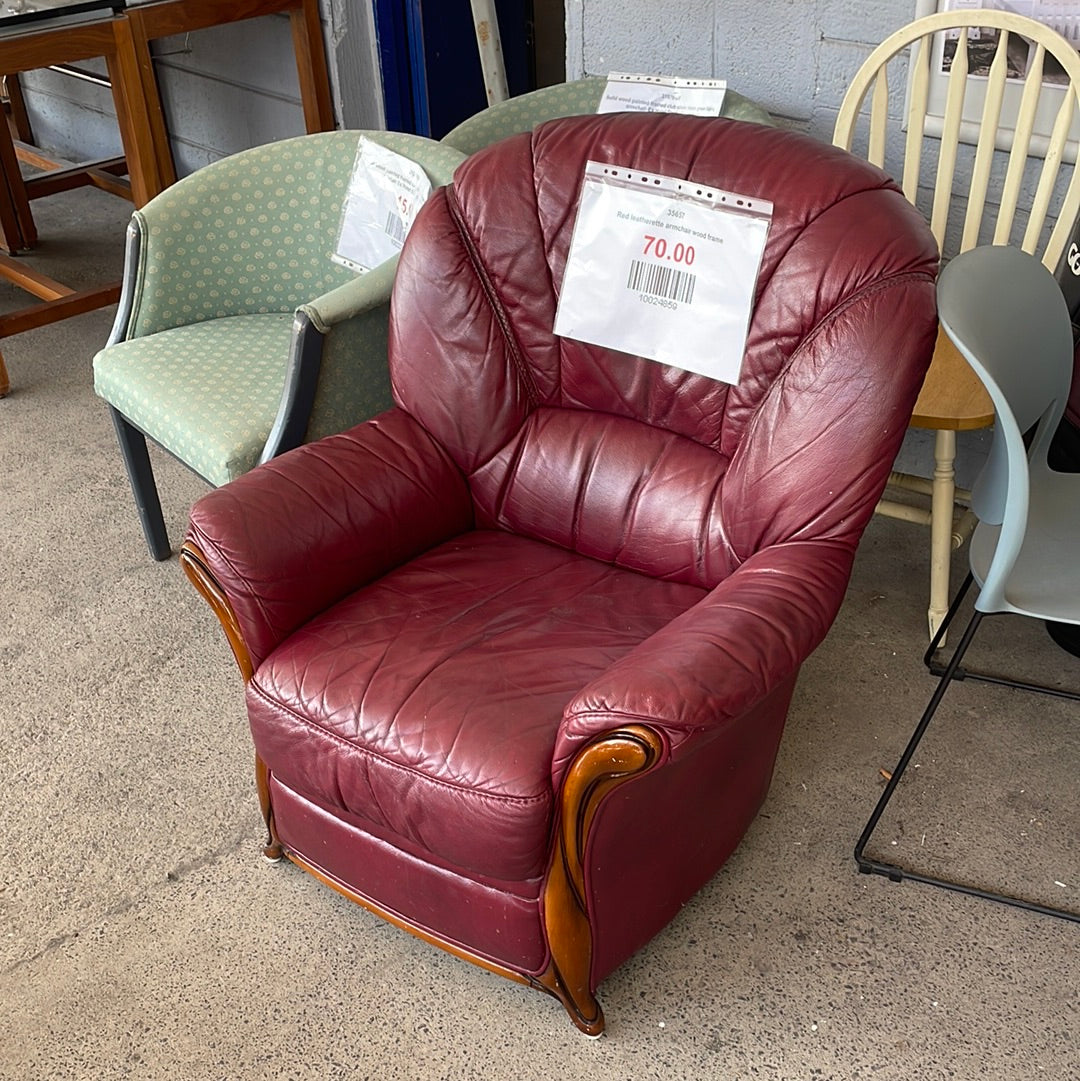 Red leatherette armchair wood frame