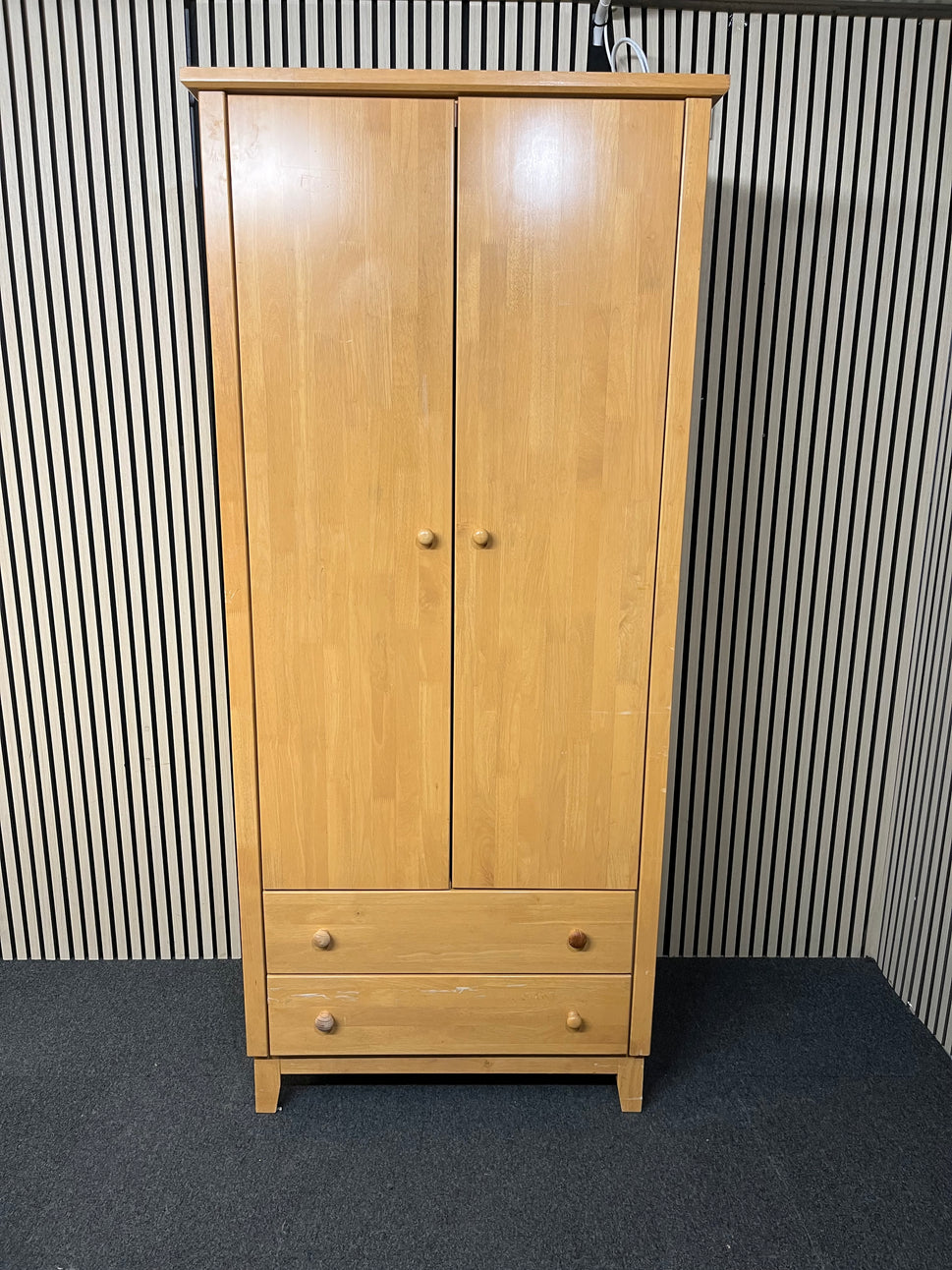 Tall beech two door wardrobe with two base drawers (H 208 x W 88 x D 58 cm) 1425