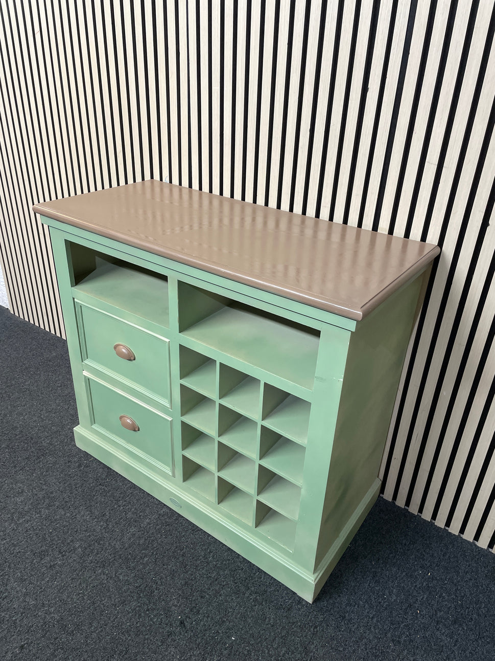 Green painted 2 drawer wine rack sideboard with dark wood top (H 84 x W 94 x D 43 cm) 1126
