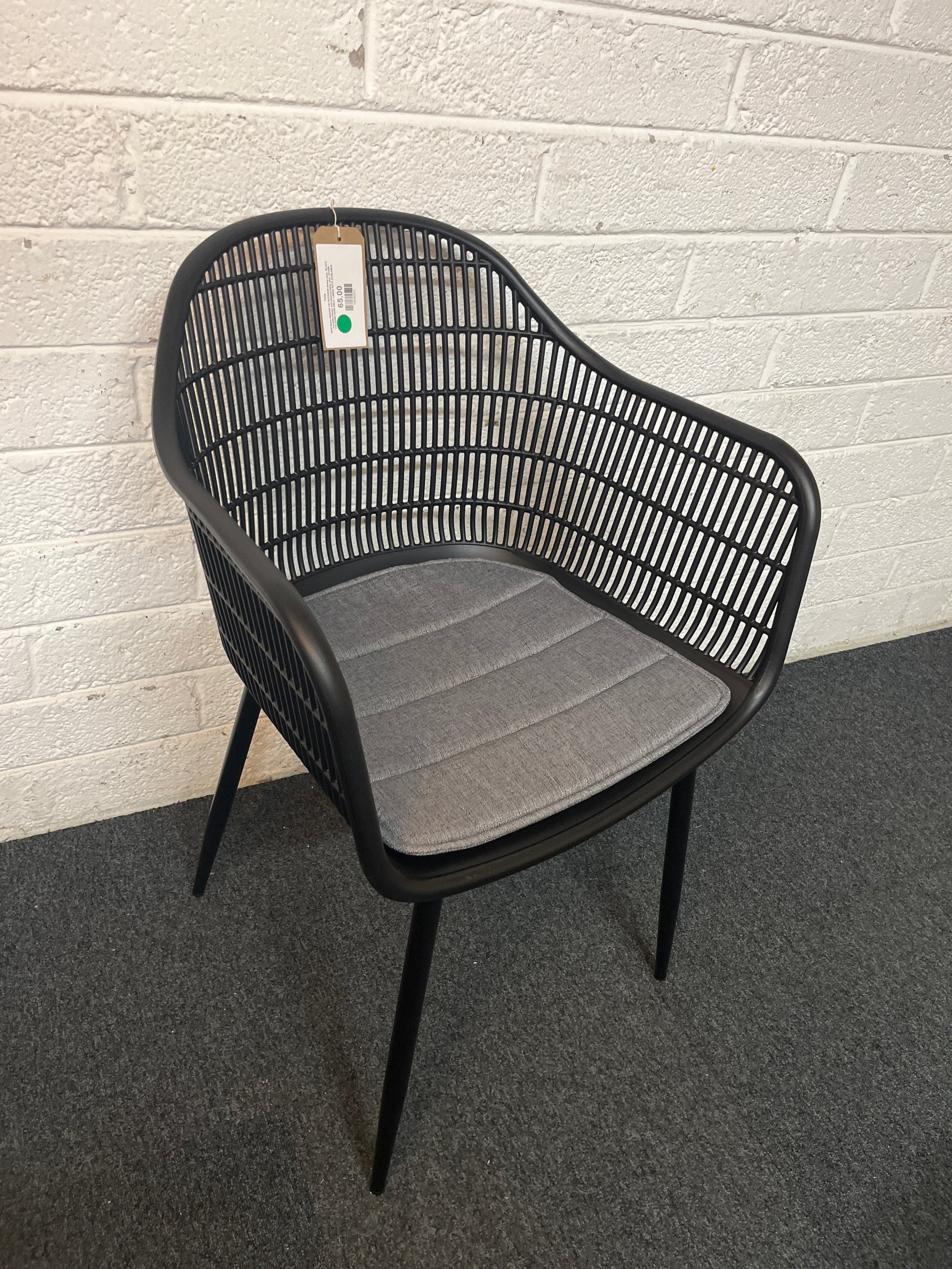 NEW Metro INDOOR OR OUTDOOR dining chair, BLACK moulded plastic with tailored fabric seat. OTHER COLOURS AVAILABLE. LARGE QTYS AVAILABLE