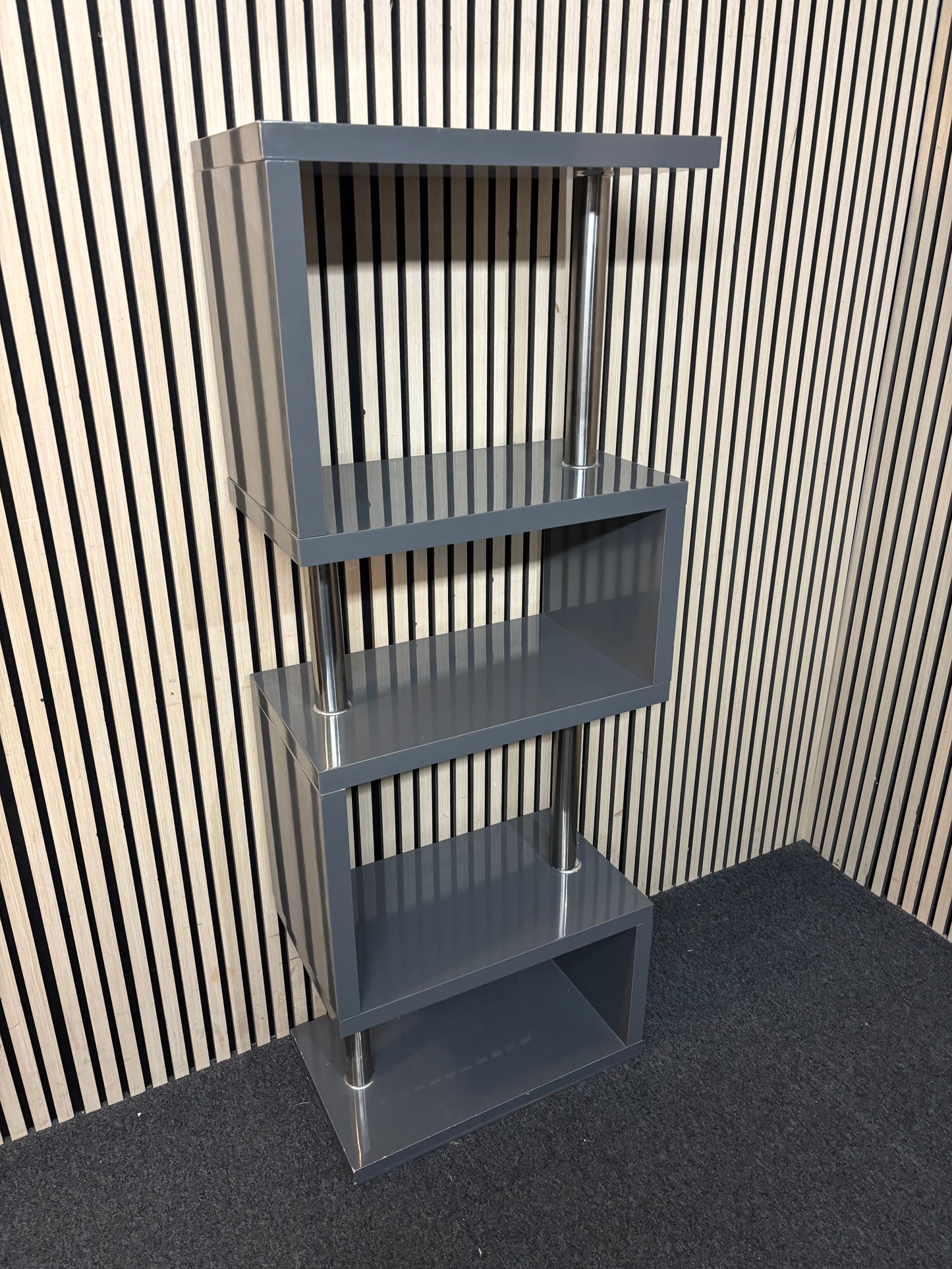 Navy laminate and chrome tiered tall open shelf unit (H 112 x W 59 x D 23 cm) 43614