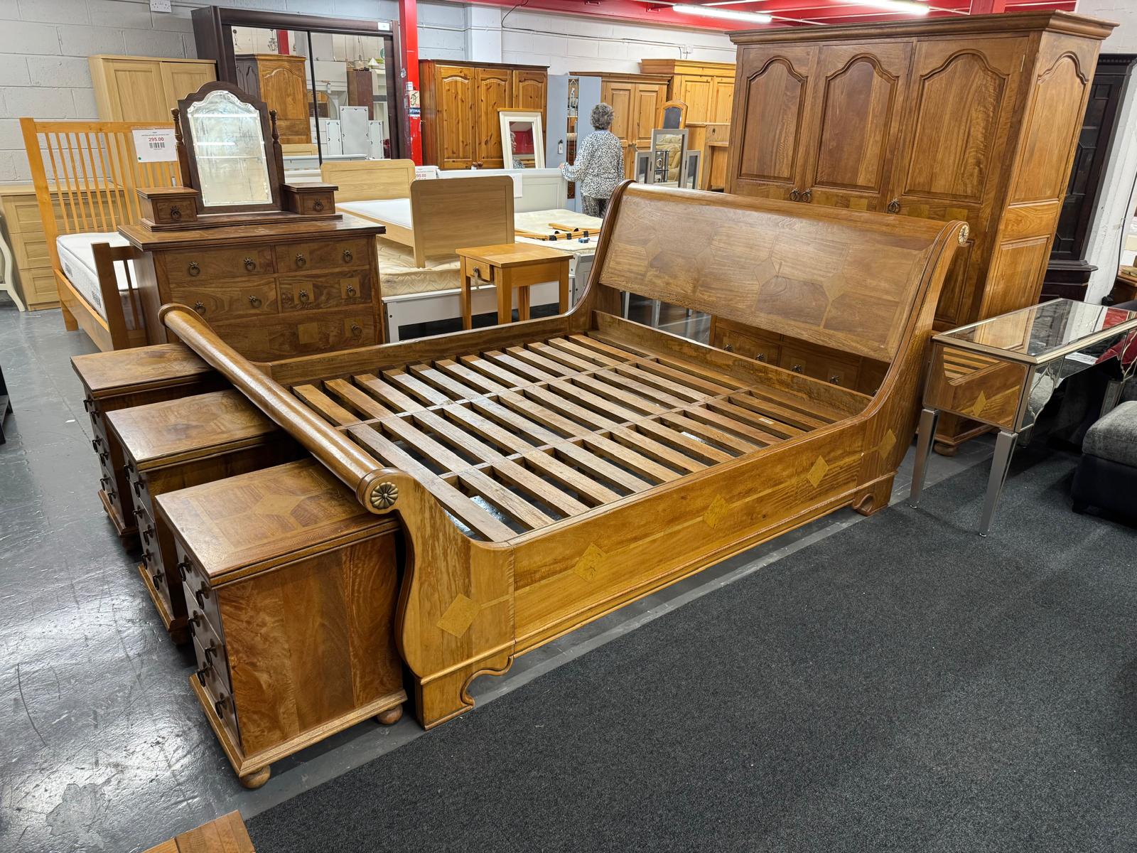 6ft high end mahogany sleigh bed frame with inalid detail. PART OF A SET BUT CAN BE SOLD SEPARATELY 2225