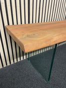 Solid teak stained long bench seat with toughened glass legs 180Lx37Dx42H  44451