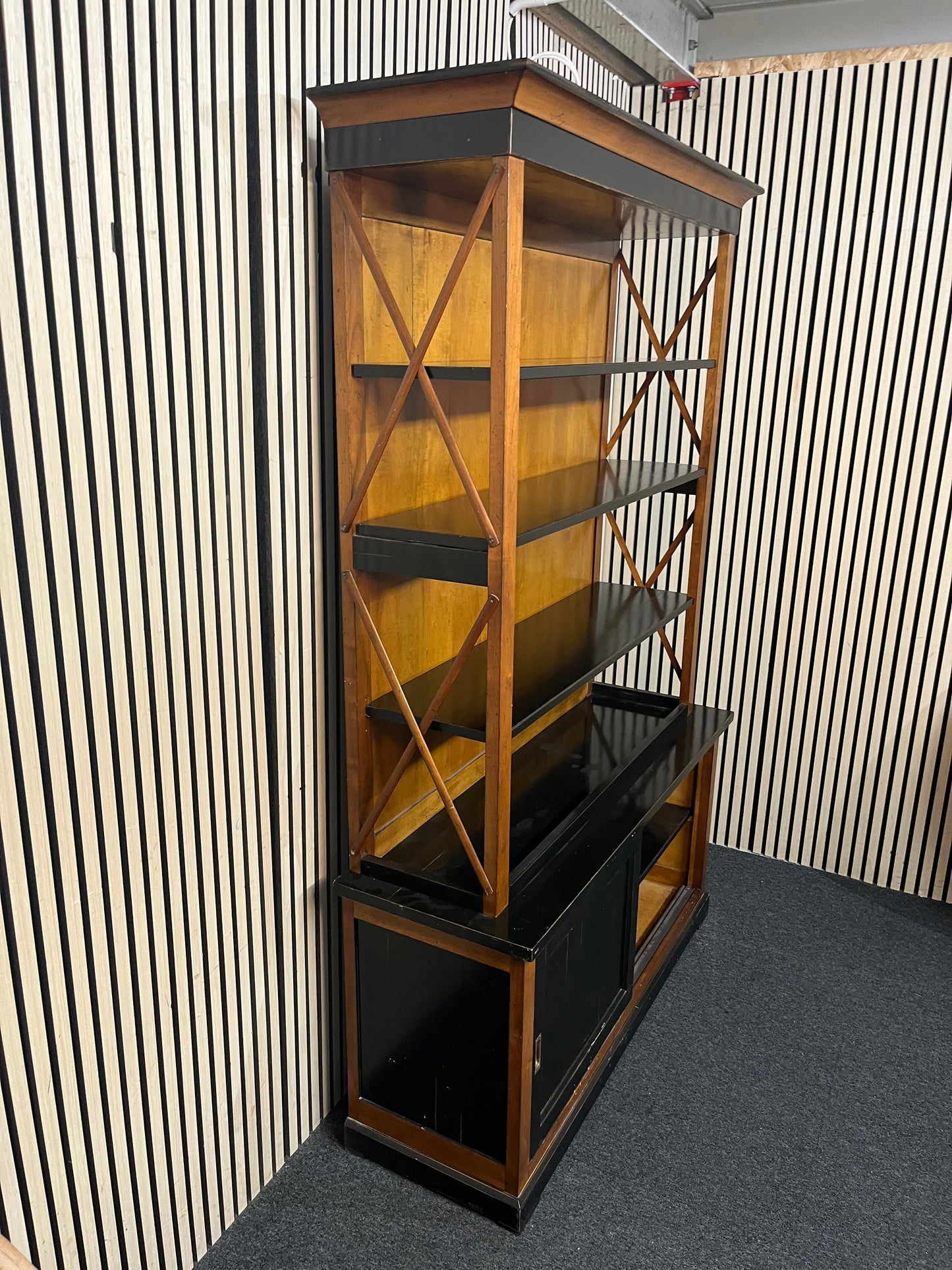 Large solid dark wood stained top open bookcase unit with sliding base doors (H 205 x W 131 x D 44 cm) 43688