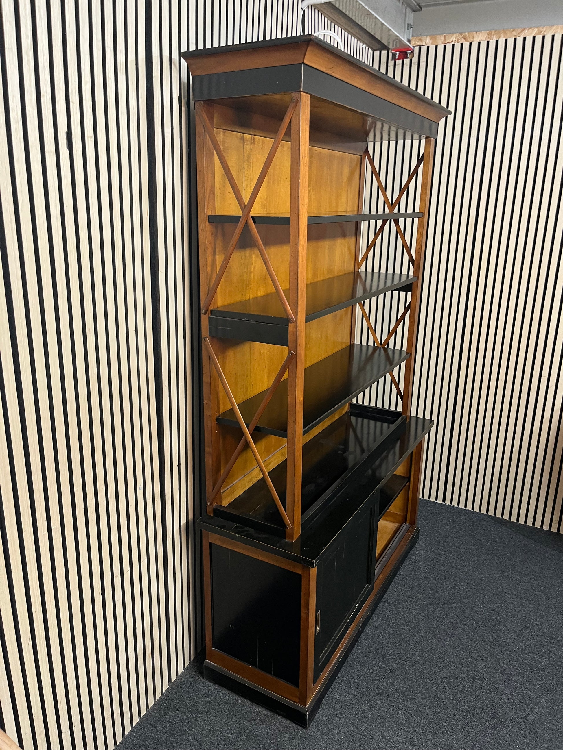 Large solid dark wood stained top open bookcase unit with sliding base doors (H 205 x W 131 x D 44 cm) 43688