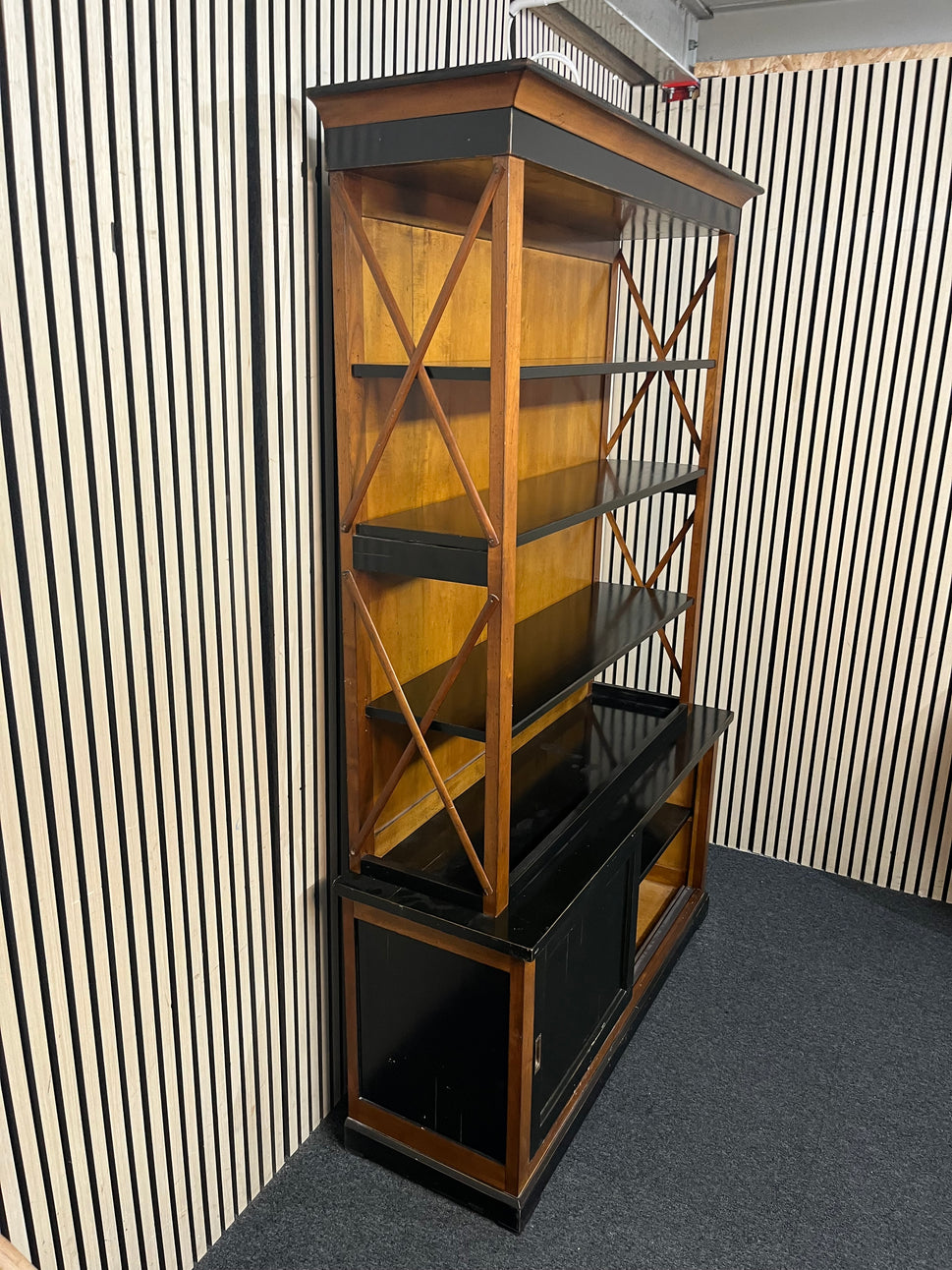 Large solid dark wood stained top open bookcase unit with sliding base doors (H 205 x W 131 x D 44 cm) 43688